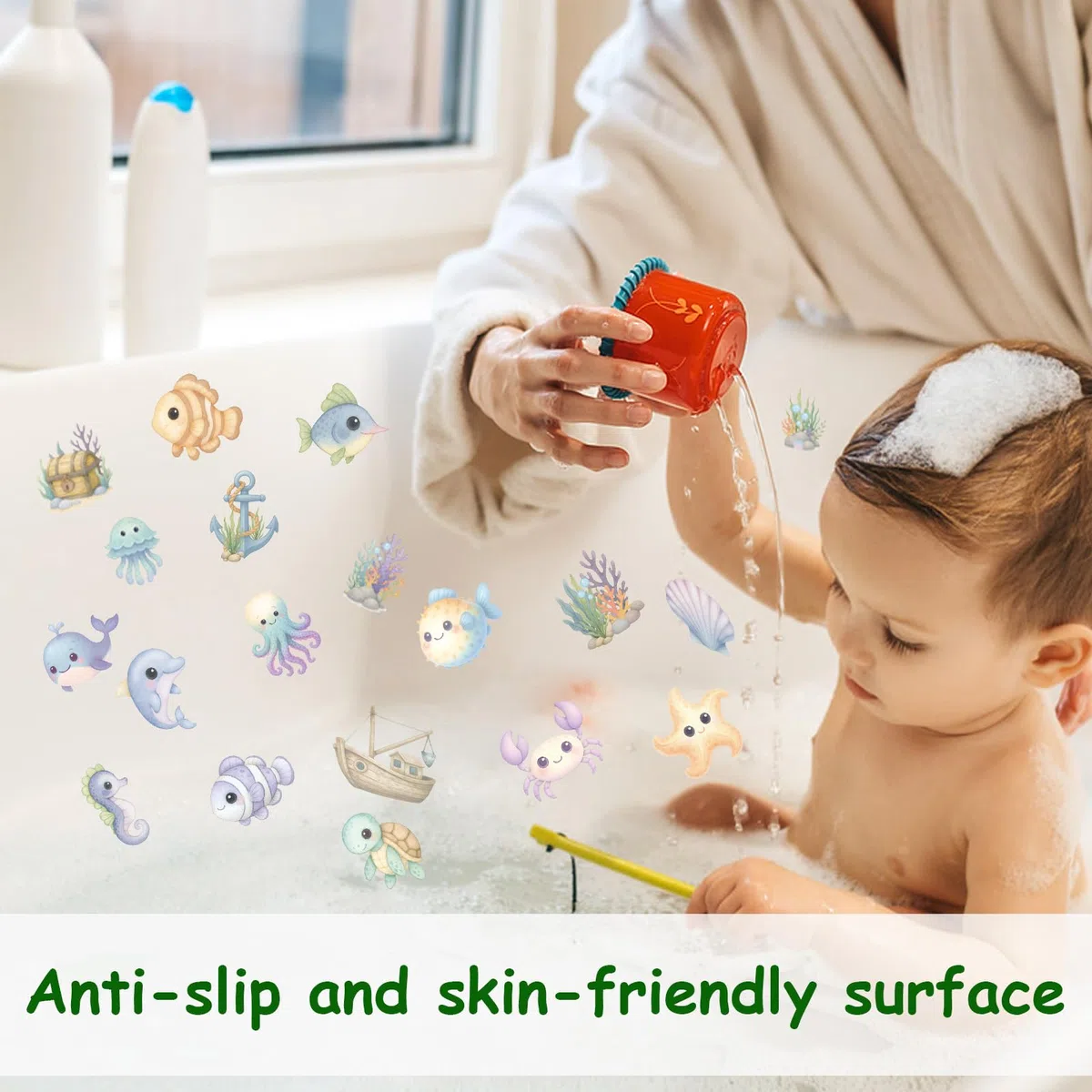 20pz Adesivi Antiscivolo per Vasca Bagno, Adesivi Antiscivolo Doccia a Tema Oceano Creature Marine con Raschietto per Bambini Vasca Bagno e Decorazioni Pavimenti Scivolosi