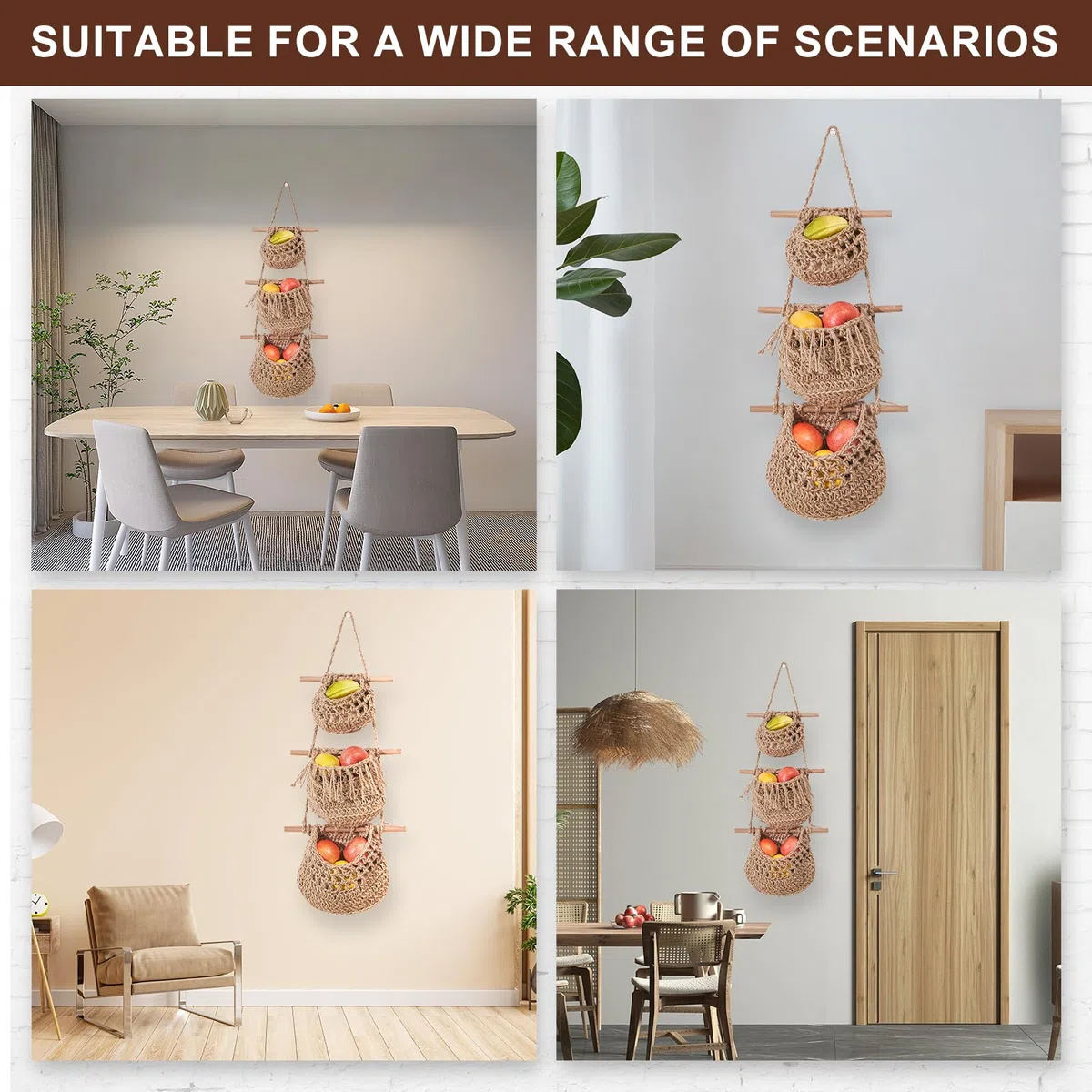 Cesto di Frutta da Appendere,Cestino da parete in corda di cotone intrecciata a mano a 3 strati,Cesto di Frutta Verdura Boho da Appendere,Appendino per Porta Cesto Decorativo per Cucina (Marron)