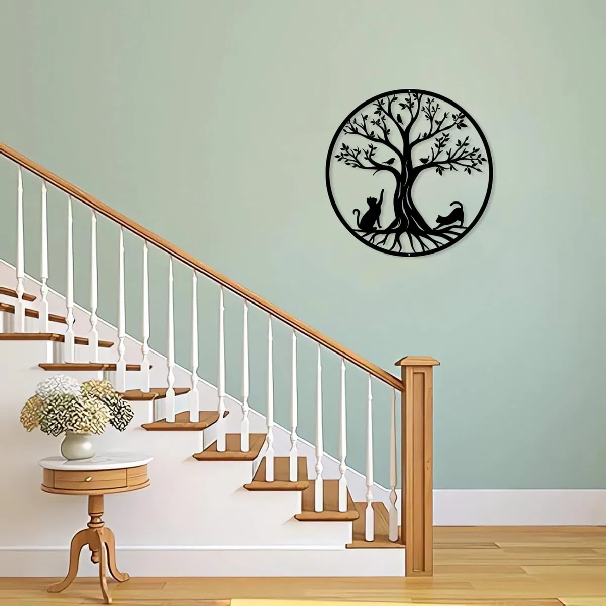 Pduoduo Decorazione da parete in metallo nero con albero della vita (con gatto e uccello), idea regalo, decorazione per interni ed esterni, giardino, casa (50 cm)