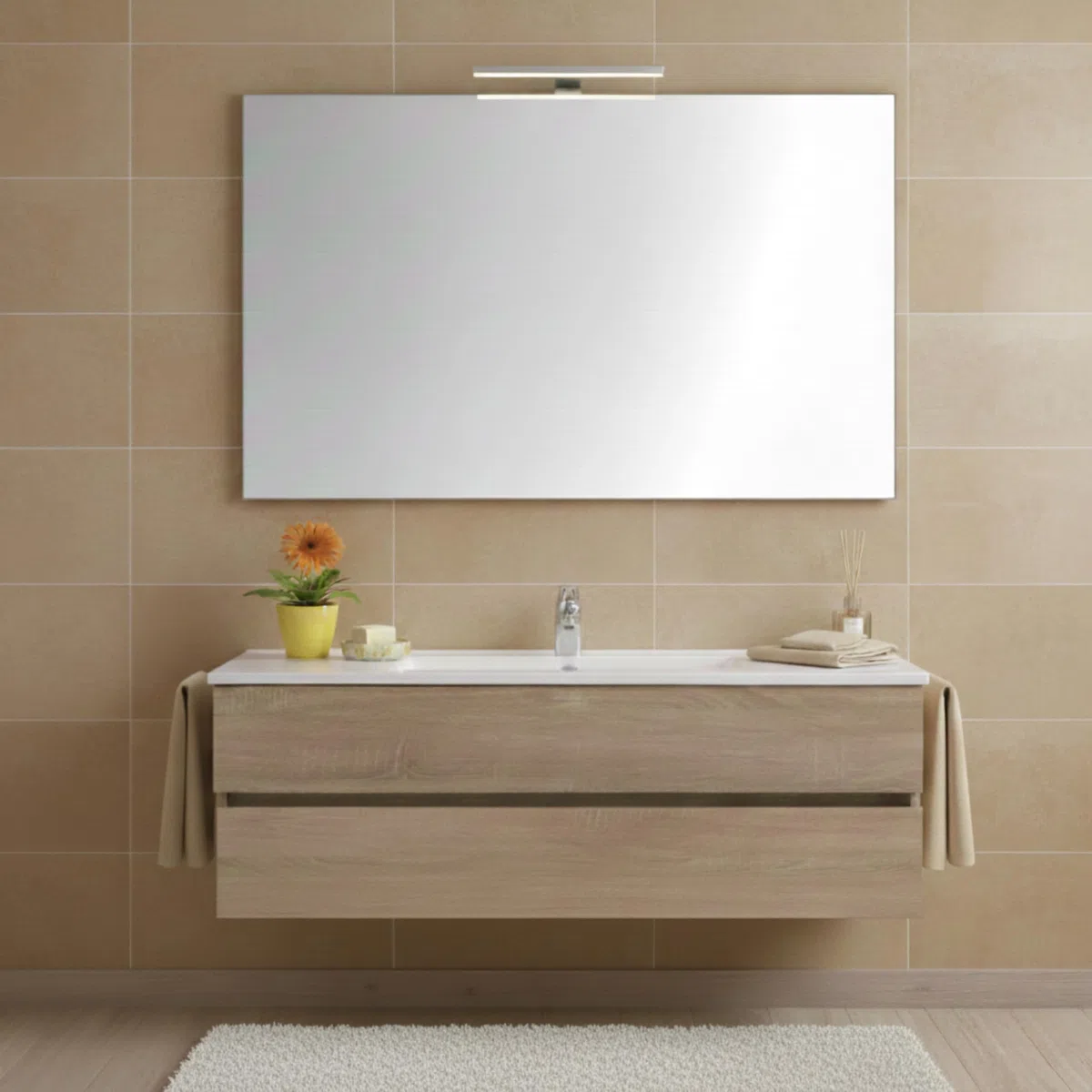 STYLE GLASS Specchio Bagno PERLA 100x70 cm, da Parete con Lampada Led Superiore, Senza Cornice Rettangolare Moderno, Luce Naturale, Design Home Decor