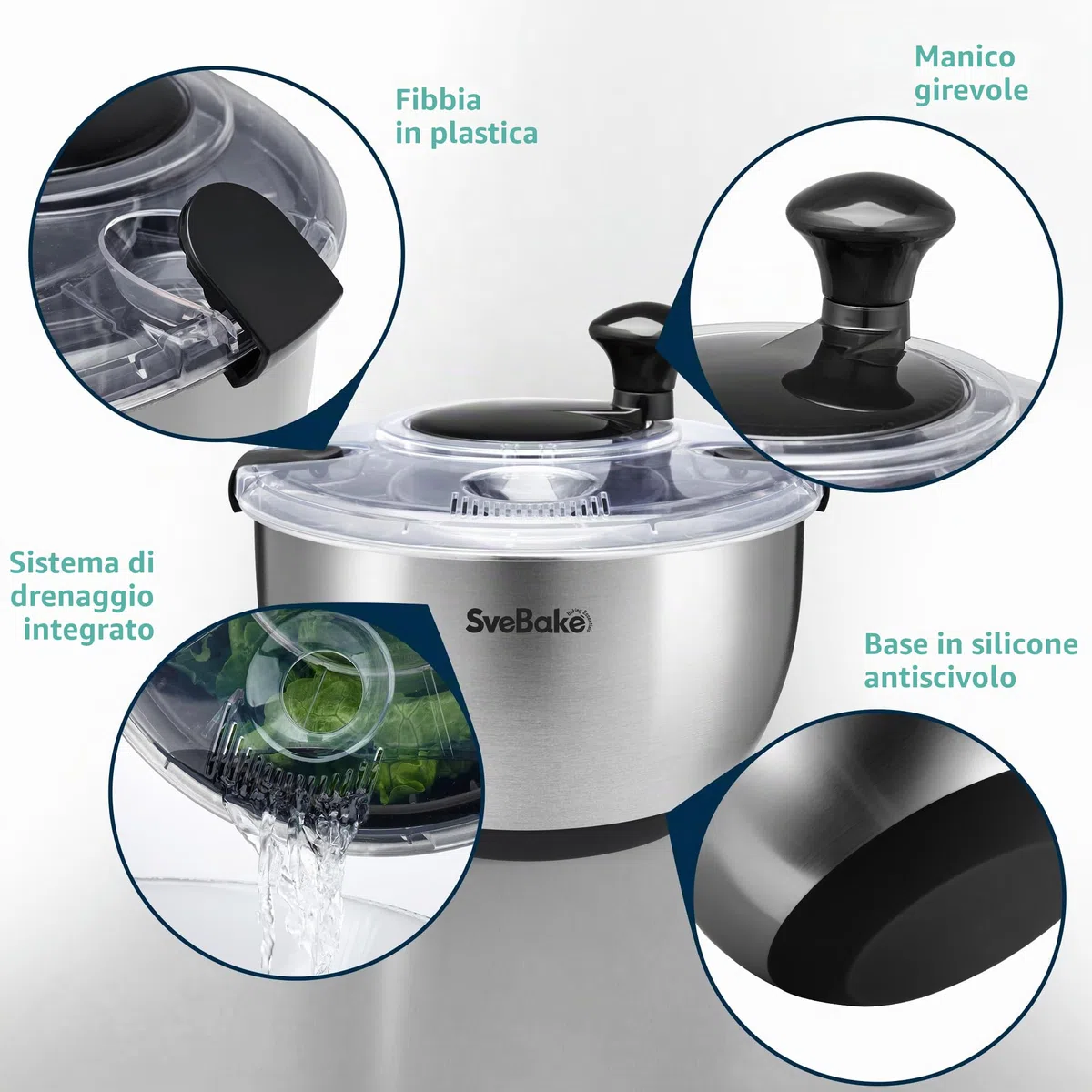 SveBake centrifuga insalata in acciaio inox 18/10 con manovella e ciotola da 4,5 litri, asciuga insalata centrifuga, lavabile in lavastoviglie