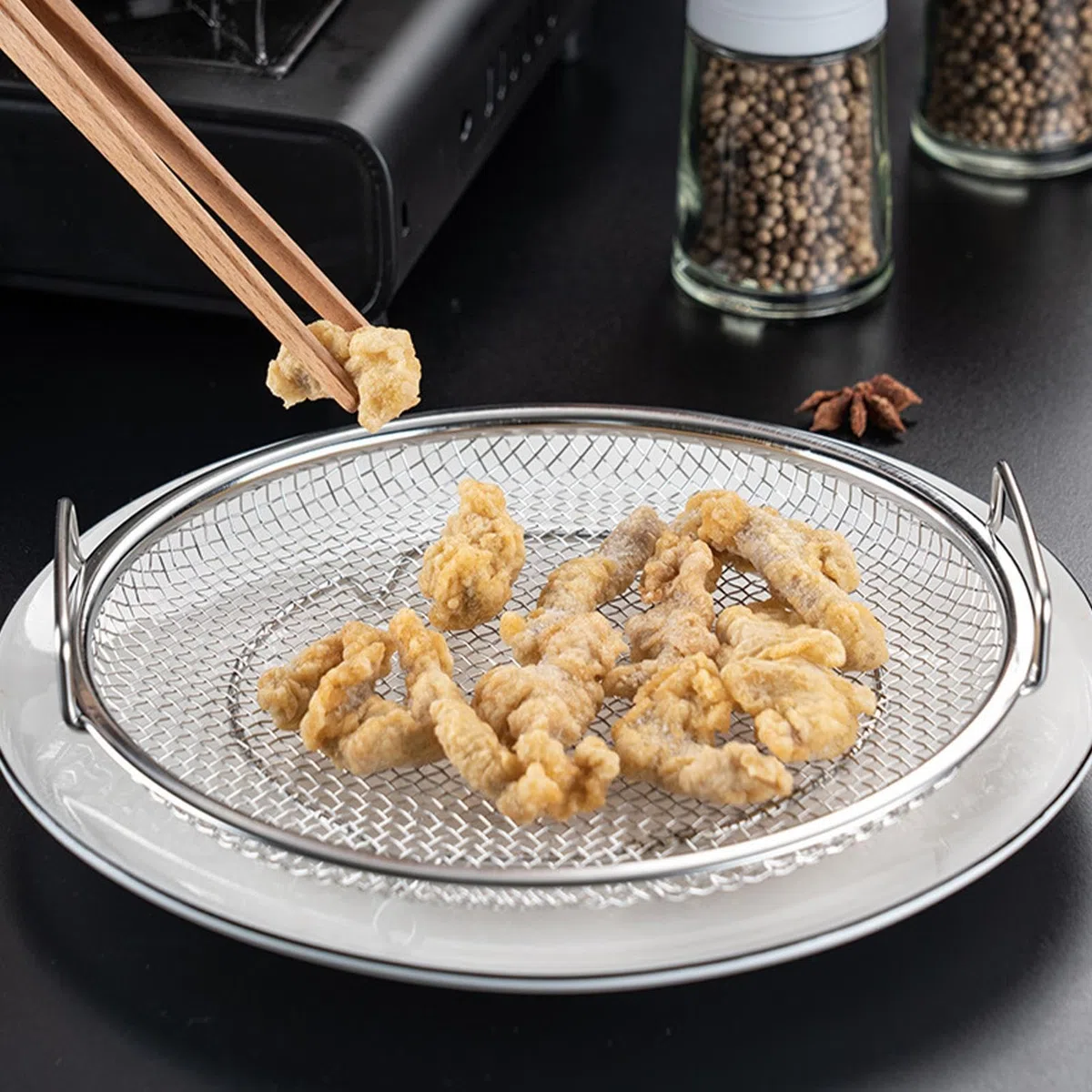 Scolapasta per olio, in acciaio inox, con vassoio, scolapasta a rete, contenitori per snack, server per cibi fritti, griglia per scolo 'olio per cucina