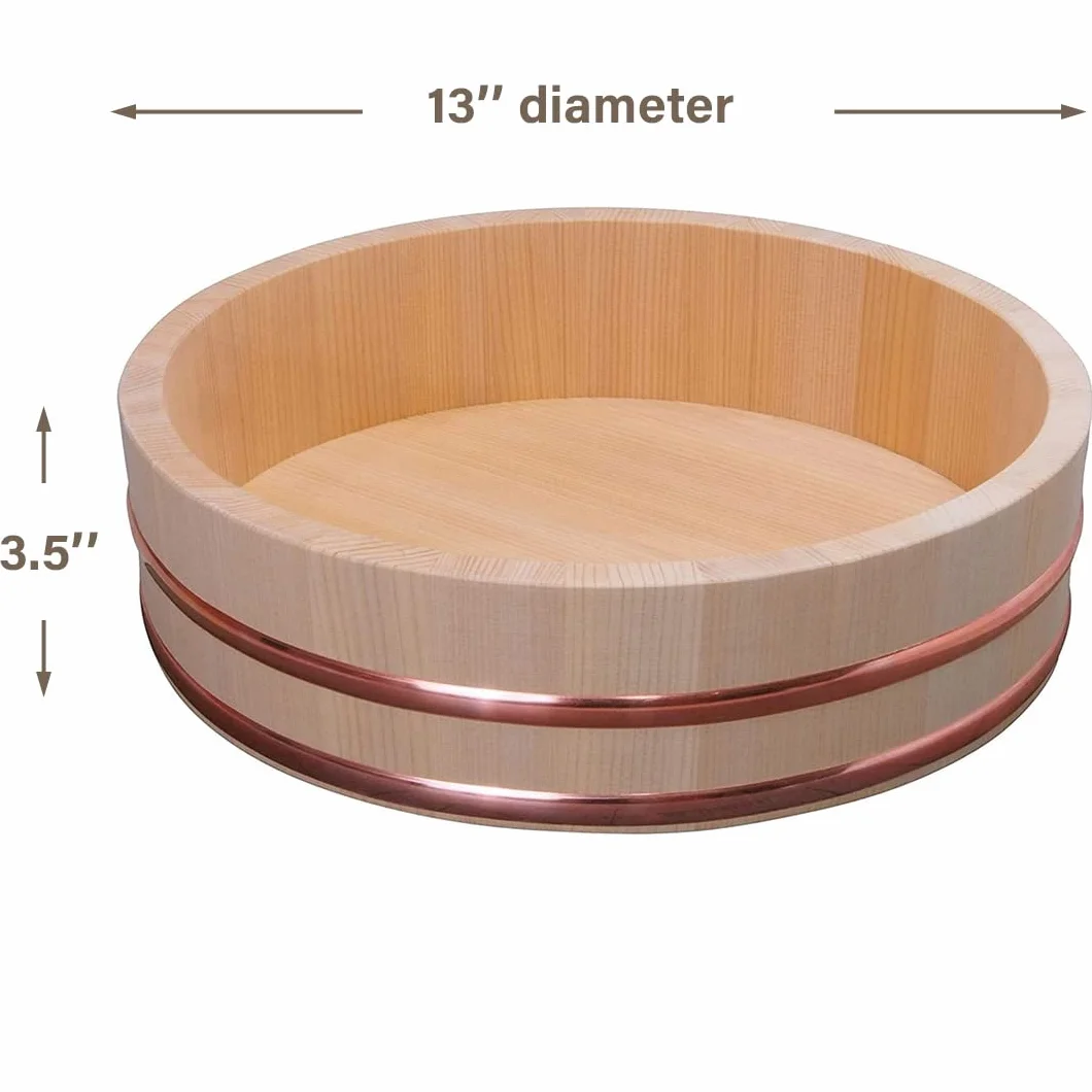 TIKUSAN Hangiri - Vasca per mescolare riso, in legno, con fascia in rame, realizzata in Giappone, per sushi e riso, 33 cm
