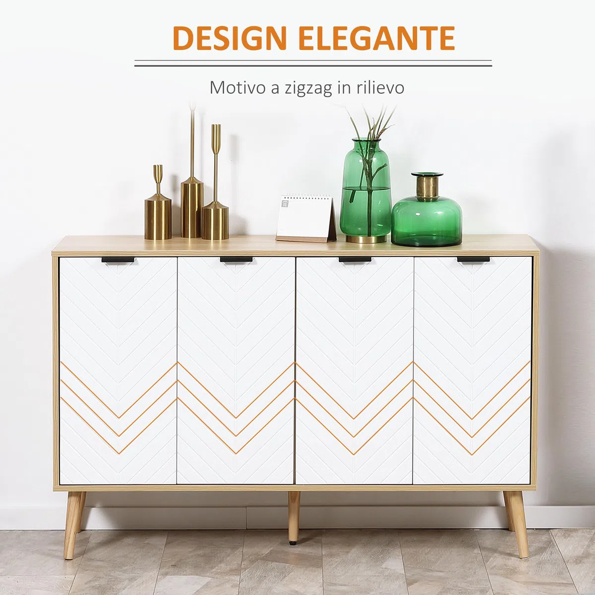 HOMCOM Credenza Cucina, Mobile Cucina con Ripiani Regolabili e Gambe in Legno di Pino, Credenza Buffet Moderno per Soggiorno, Salotto, Sala da Pranzo, 120x35x77.4cm, Naturale e Bianco