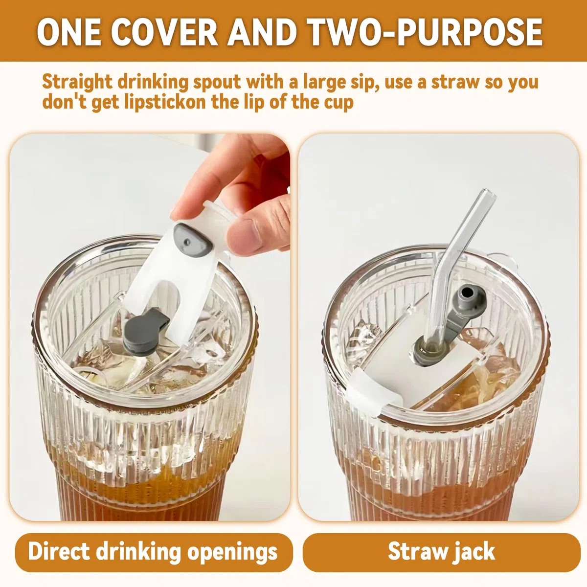 2 Pezzi 600ml Bicchieri da Acqua con Coperchio e Cannuccia, Bicchieri in Vetro con Pennello di Paglia, Ermetico, Bicchieri da Caffè Freddo, Bicchieri a Righe per Tè, Succhi, Caffè, Smoothie