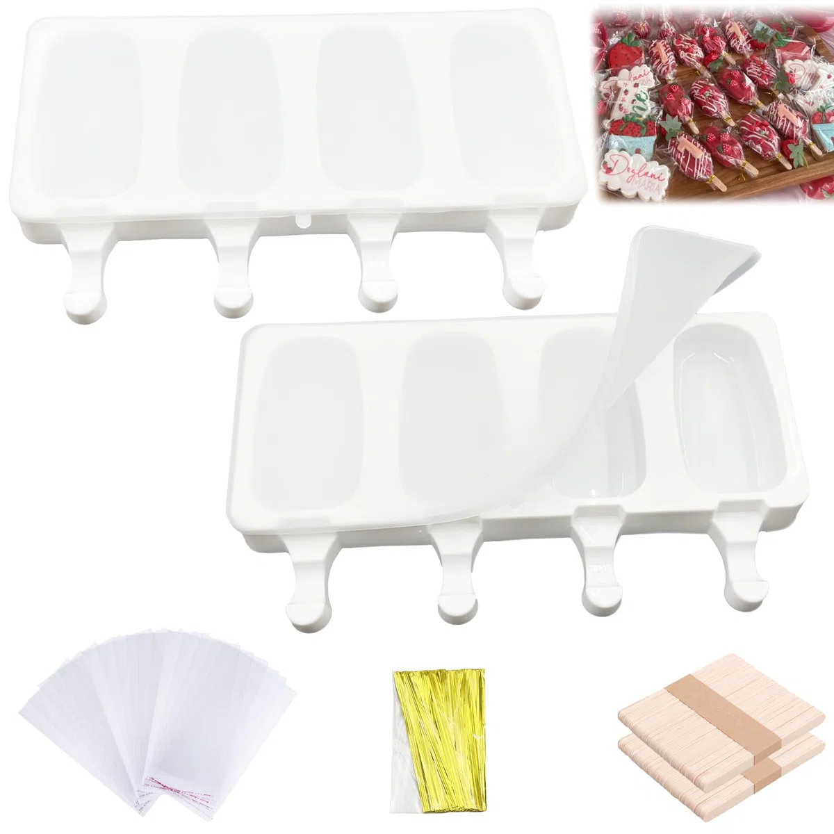 2Pcs Stampo in Silicone per Gelato,stampi per gelato con coperchio,4 Cavità Ghiaccioli Gelato Stampo Senza BPA, Stampi Gelato Stecco al Cioccolato congelato Fai da Te per Bambini Adulti