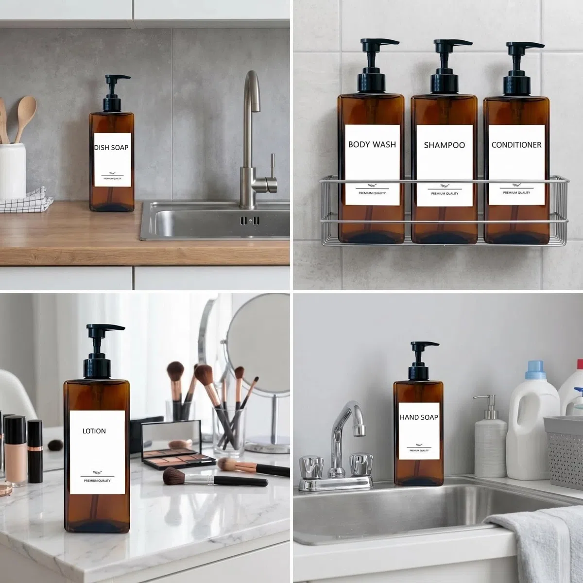 Set di dispenser per shampoo e balsamo, confezione da 3 flaconi ricaricabili per shampoo e balsamo con etichette, dispenser di sapone da 500 ml, dispenser per doccia, bottiglia quadrata a pompa per