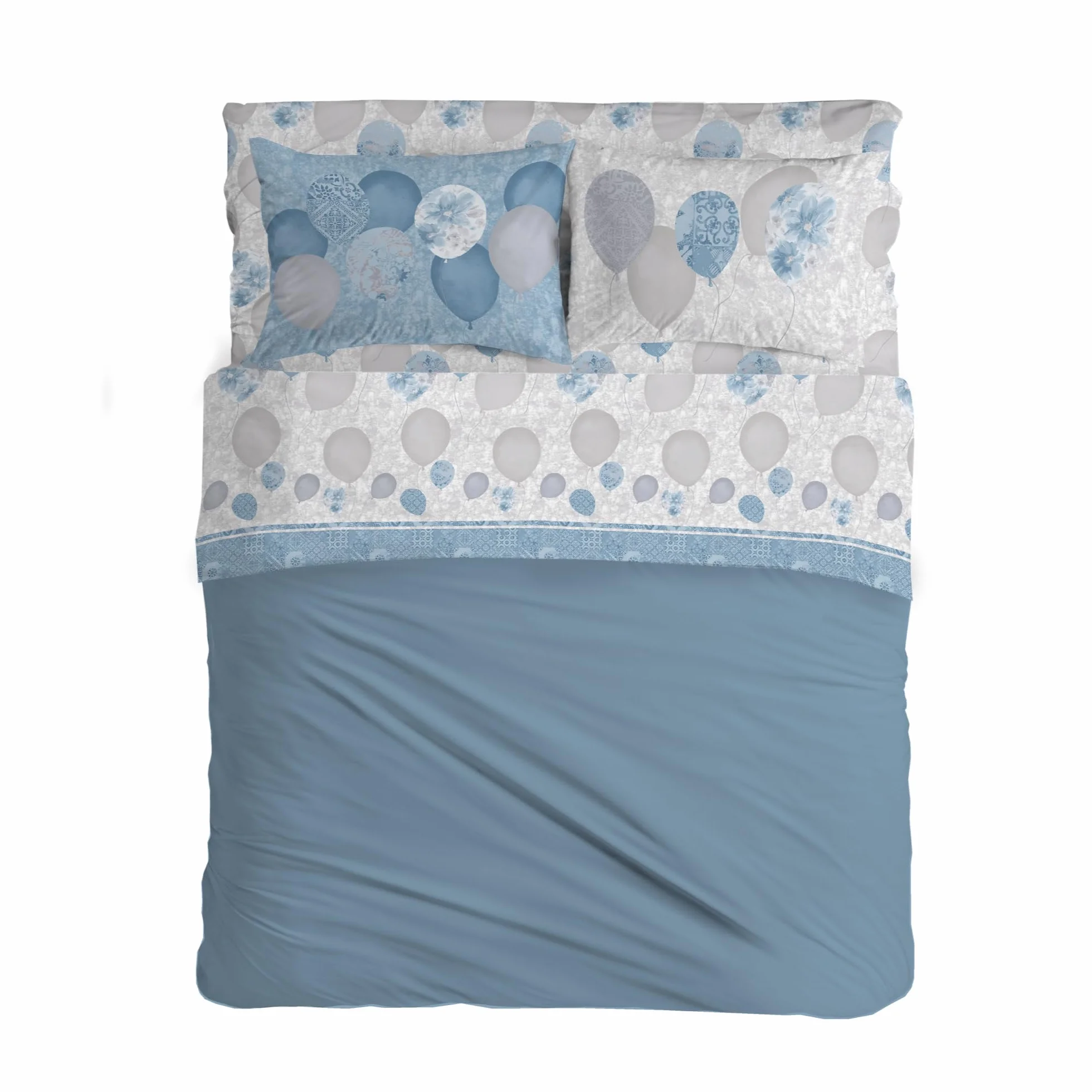 PENSIERI DELICATI Completo Letto 1 Piazza e Mezza 100% Cotone, Completo Lenzuola 1 Piazza e Mezza 120x200 Comprensivo di Lenzuolo sotto, sopra e 1 Federa, Made in Italy, Fantasia Palloncini Azzurro