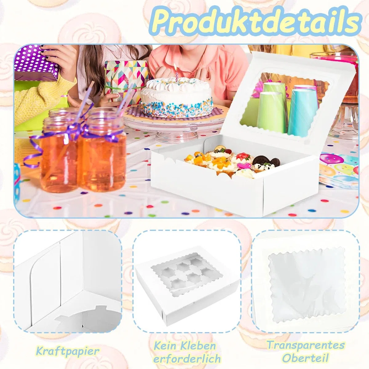 Scatola per il Trasporto di Cupcake, 10 pezzi Scatola per Cupcake 12 Fori, Scatole per Cupcake con Finestra e Inserti, Riutilizzabile Scatole Bianche con Finestra Trasparente Ondulata