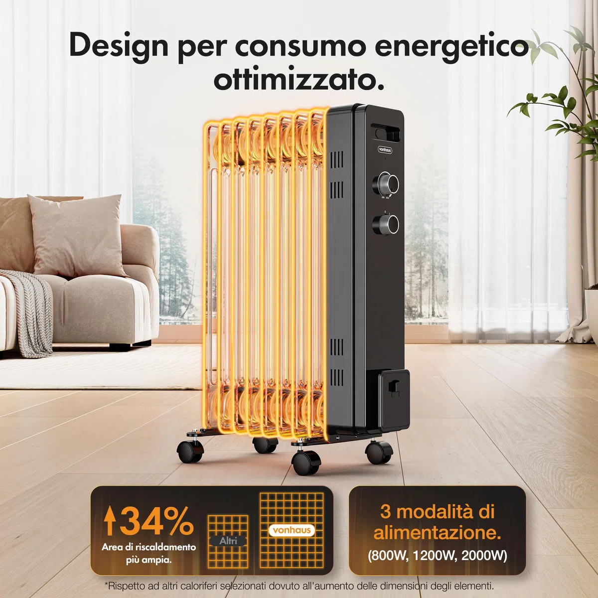 VonHaus Radiatore a Olio Elettrico 9 Elementi – Stufa ad Olio Portatile da 2000W, per Casa, Ufficio, Stanze – Termostato Regolabile, 3 Livelli di Calore, 4 Ruote, Cavo da 1,5 m (Nero)