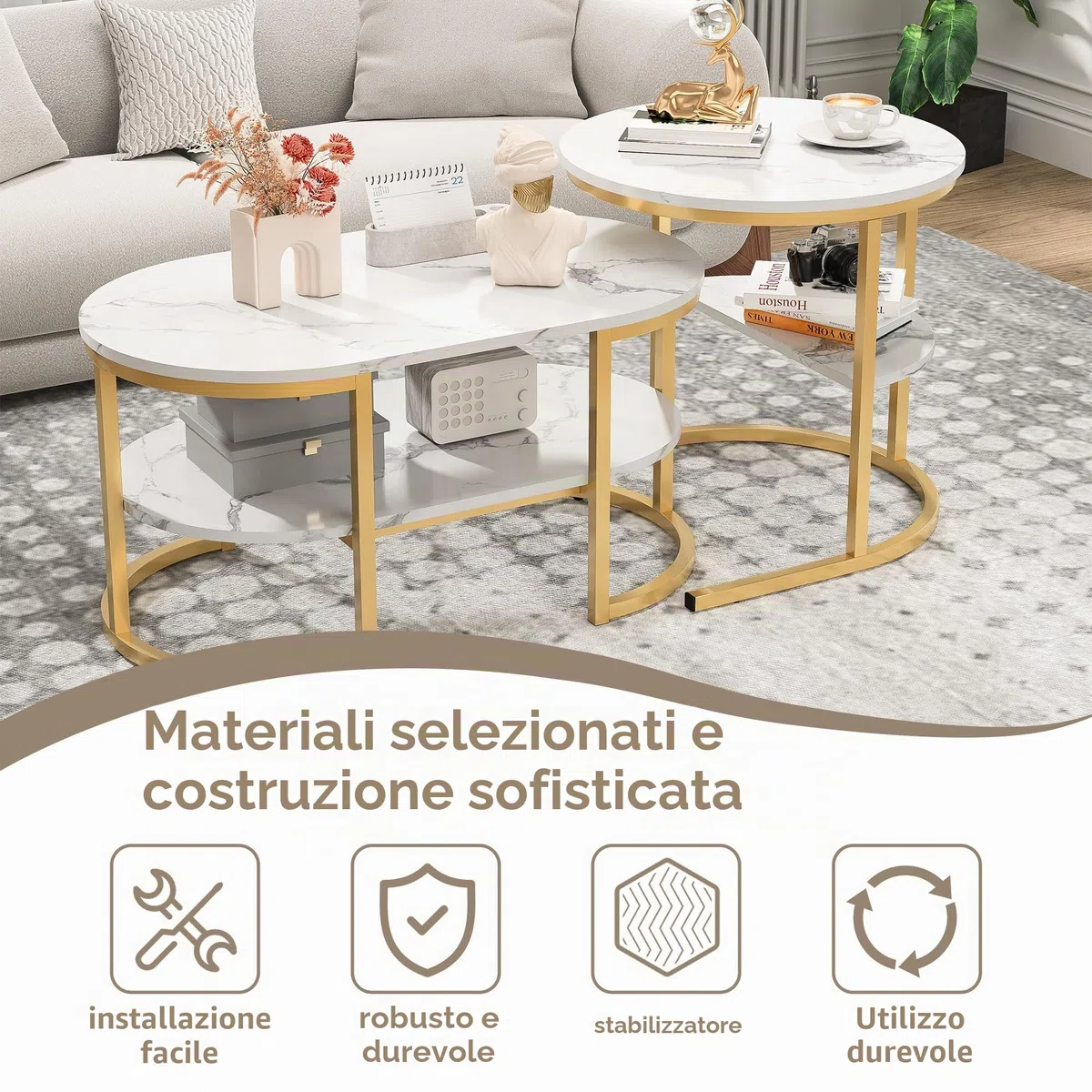 Set di 2 tavolini ovali, set di 2 tavolini 2 in 1 con spazio di archiviazione, tavolino in marmo effetto tavolino da salotto per soggiorno, balcone e ufficio (ovale, bianco + oro)