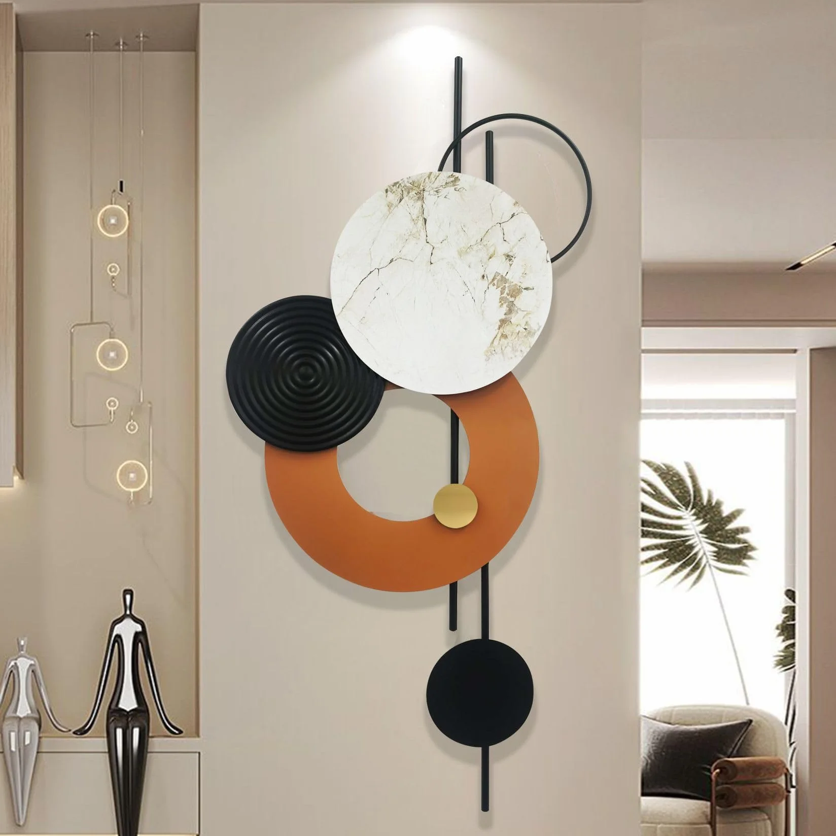 GERHWASH Decorazione da parete moderna per soggiorno, decorazione da parete in metallo 3D, grande decorazione da parete, sculture da parete rotonde Boho decorazione corridoio per ufficio a casa