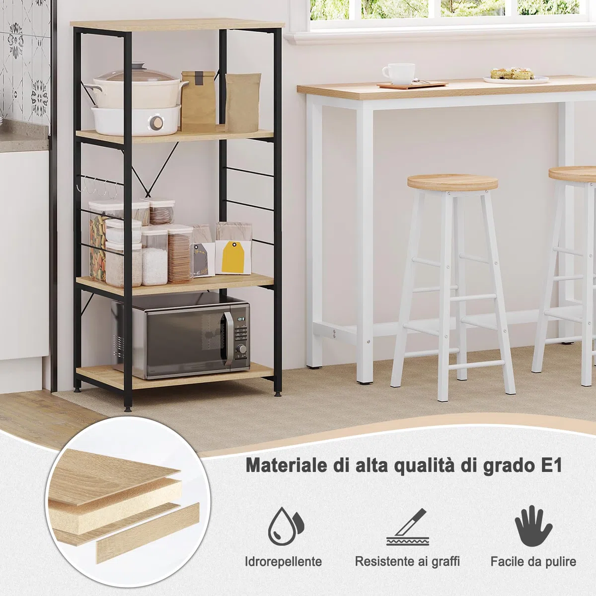 WOLTU Scaffale per Cucina Carrello Porta Microonde Forno a 4 Ripiani con Ganci in Acciaio Legno