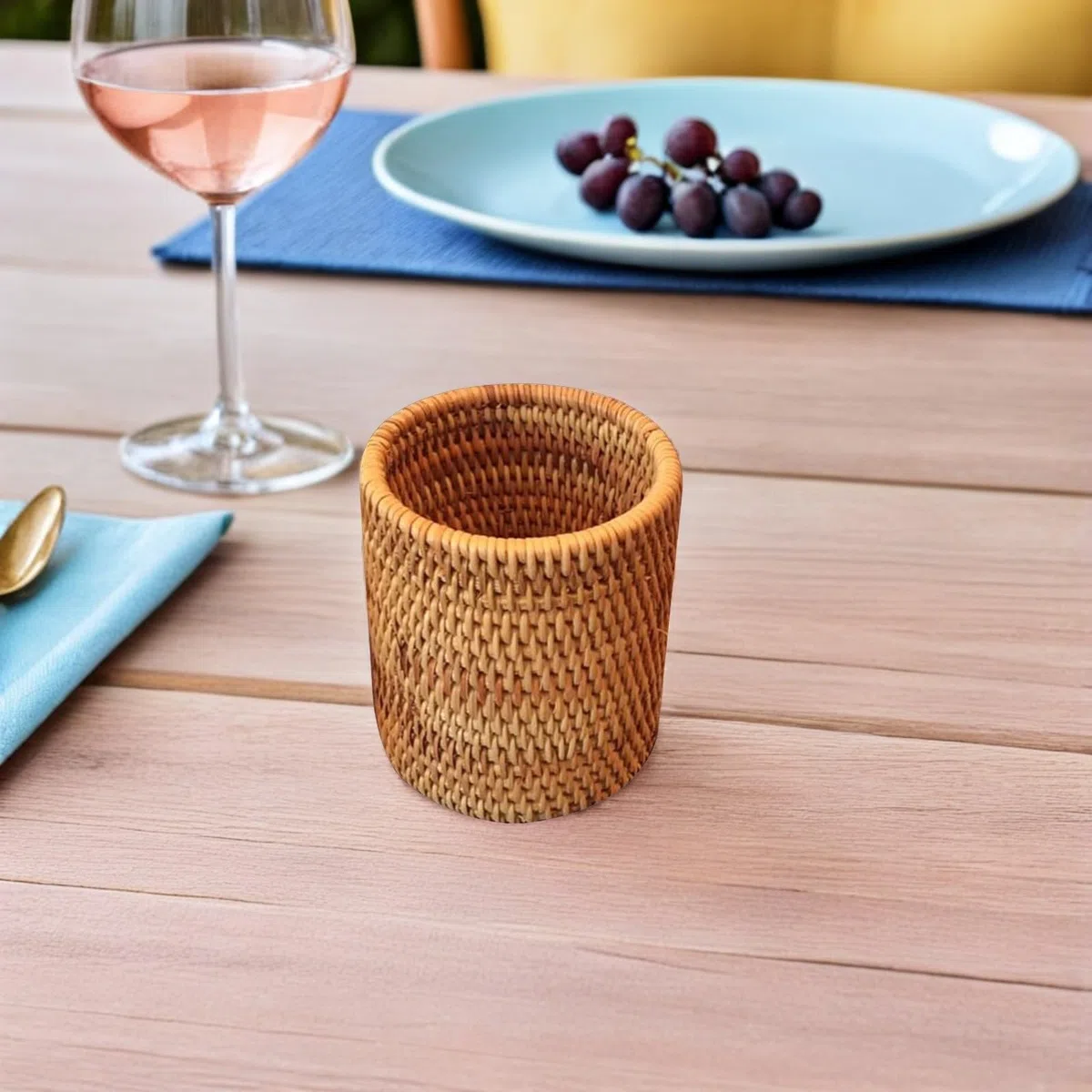 Cestino Cilindrico in Rattan Naturale 3.15X3.15X3.94In Contenitore per Set da Tè e Organizer Scrivania Ufficio per Famiglie e Ristorante