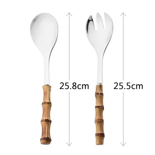 Set di posate – 4 pezzi cucchiaio da insalata con manico lungo forchetta forchetta cucchiaio da portata con manici in legno di bambù e stoviglie in acciaio inox