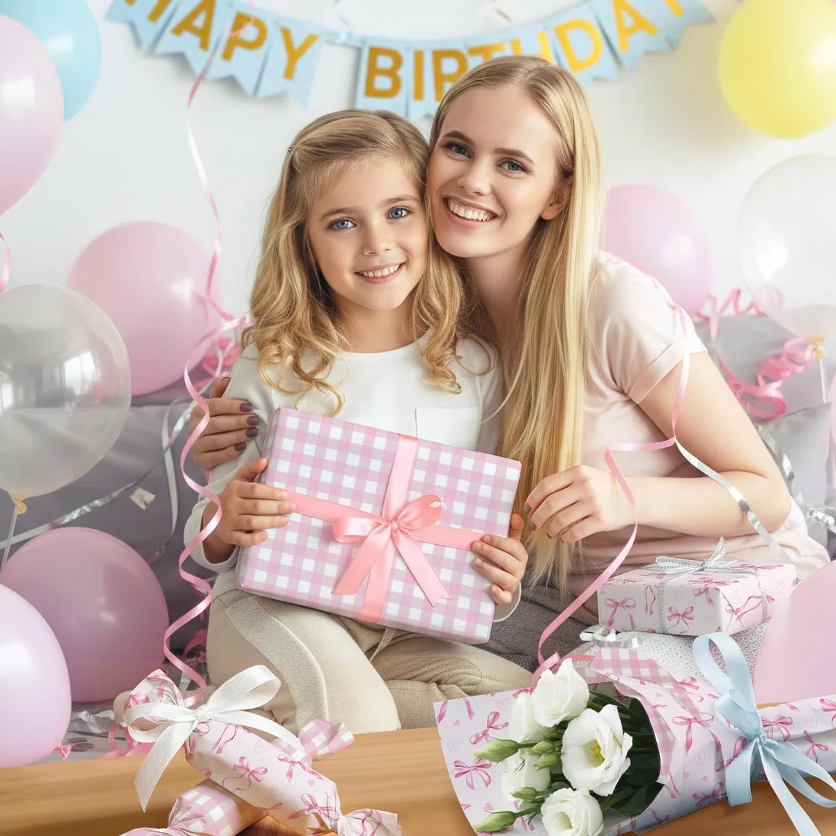 Neloheac Rotolo Carta da Regalo Fiocchi e Cuori Rosa Reversible Quadri, 43 cm x 10 m, Ideale per Compleanni di Ragazze Donne, Festa della Mamma, San Valentino, Bridal Shower, Matrimoni