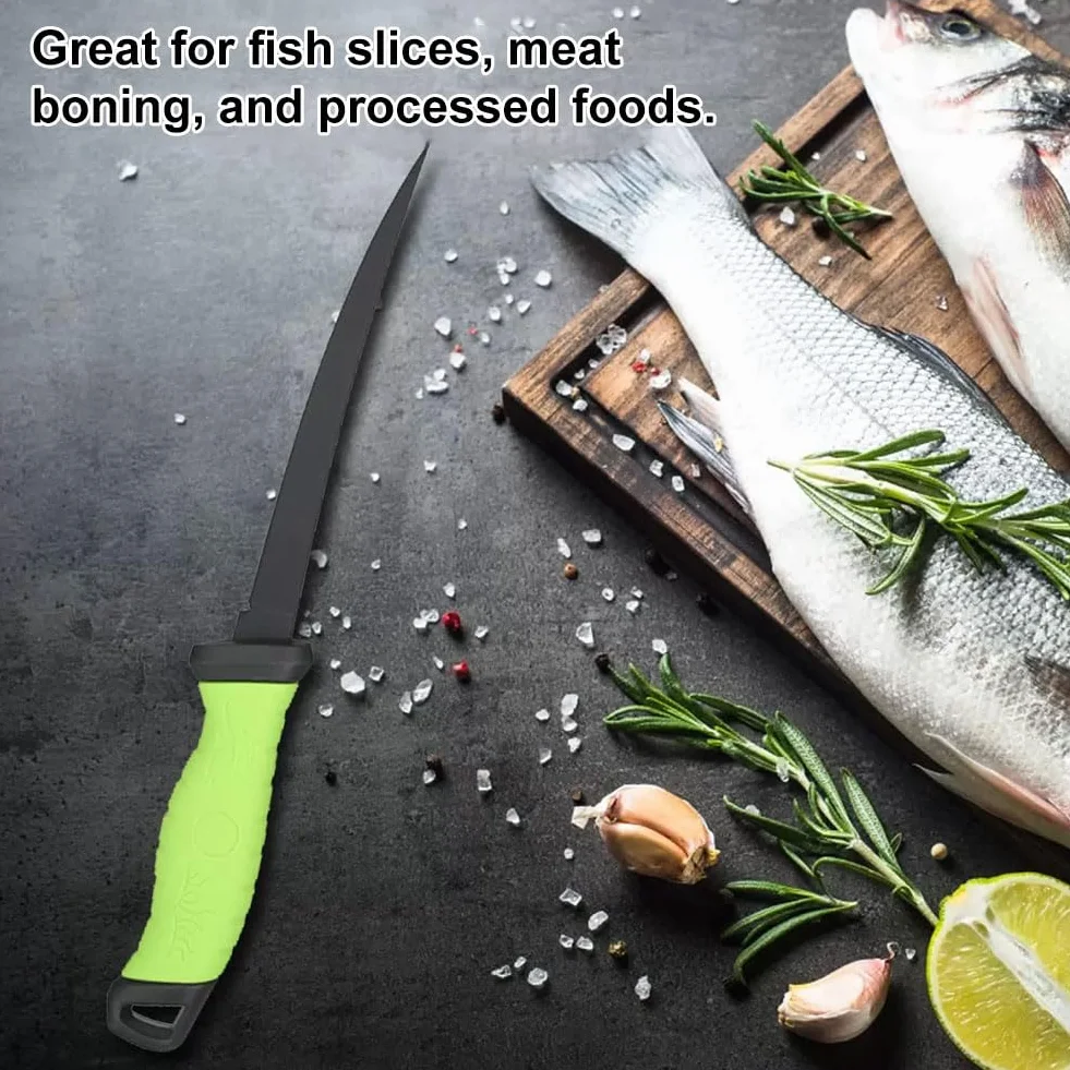 Comioke Coltello per Sfilettare 7", Coltello per Filettare, Coltelli da Disosso con Fodero Ventilato e Affilatore, per Disossare Carne e Pesce (Verde)