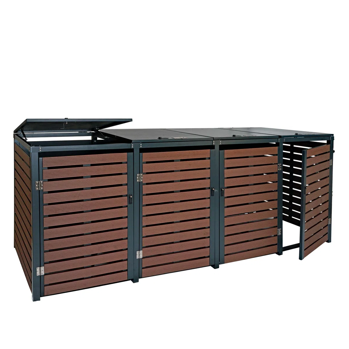 4x copribidoni box spazzatura rifiuti HWC-K14 84x264x119cm metallo WPC marrone