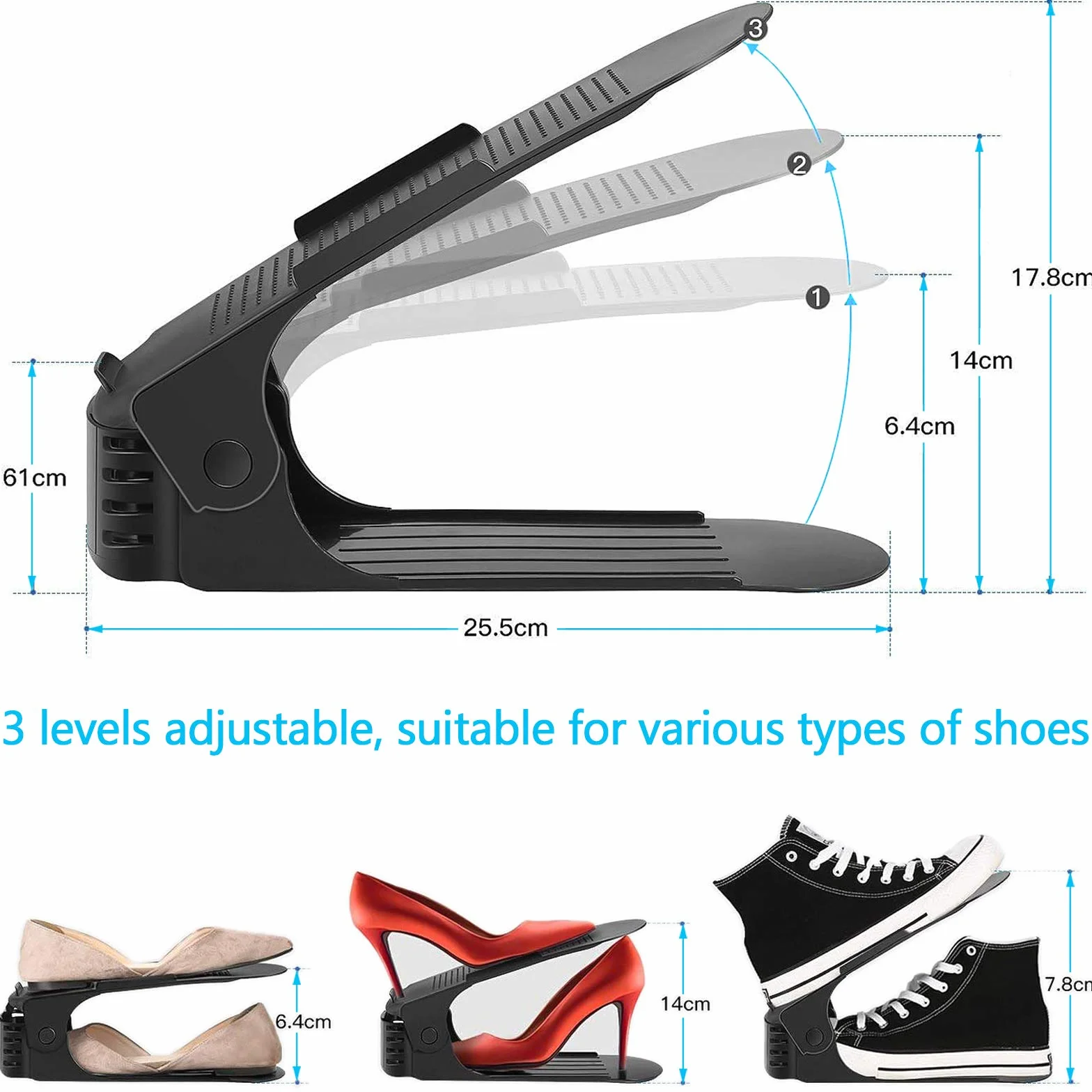 Set di 10 supporti per scarpe regolabili, impilare le scarpe, organizer per scarpe, risparmio di spazio per scarpe, supporto per rack (nero)