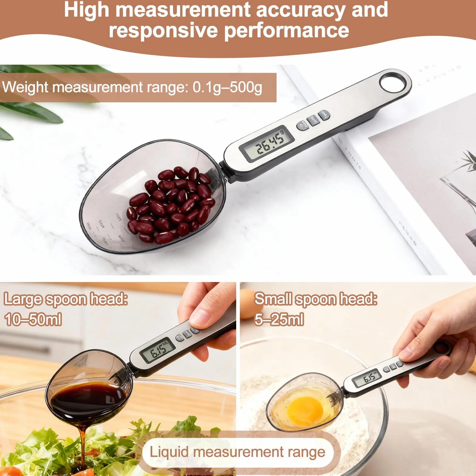 Cucchiaio bilancia digitale precisione 2 testa a cucchiaio diverse misure da 0,1g a 500g frontale in acciaio inossidabile argentato electronic spoon scale multifunzionale con diverse unità di misura