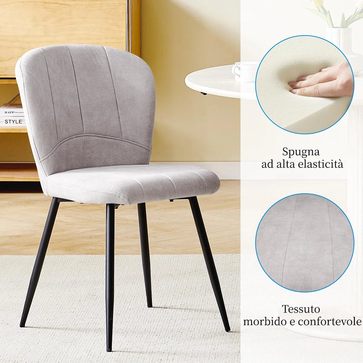 Set di 6 Sedie Sala da Pranzo, Sedie da Cucina, Sedia Imbottita, Schienale in Tessuto con Gambe in Metallo Nero per Sala da Pranzo, Cucina, Grigio Pallido.
