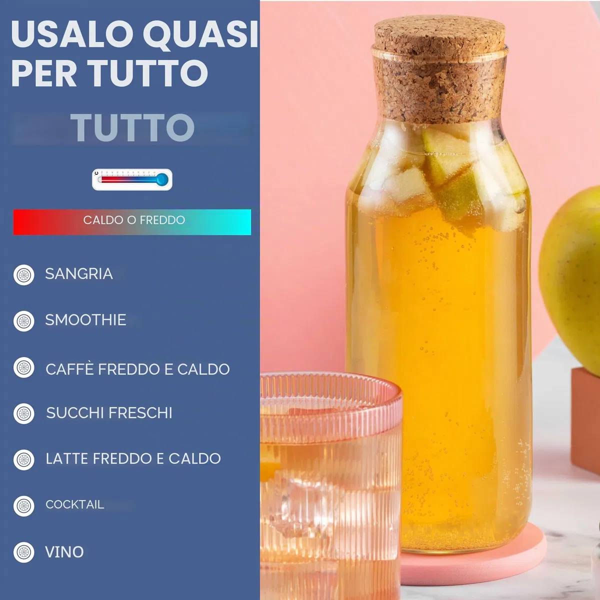 HEFTMAN Caraffa Bottiglia di Vetro - Bottiglia di Vetro da 1 Litro con Coperchio in Sughero, Caraffa d'Acqua Trasparente per Bevande Calde e Fredde, Vasetti Riutilizzabili per Ammorbidente per Tessuti