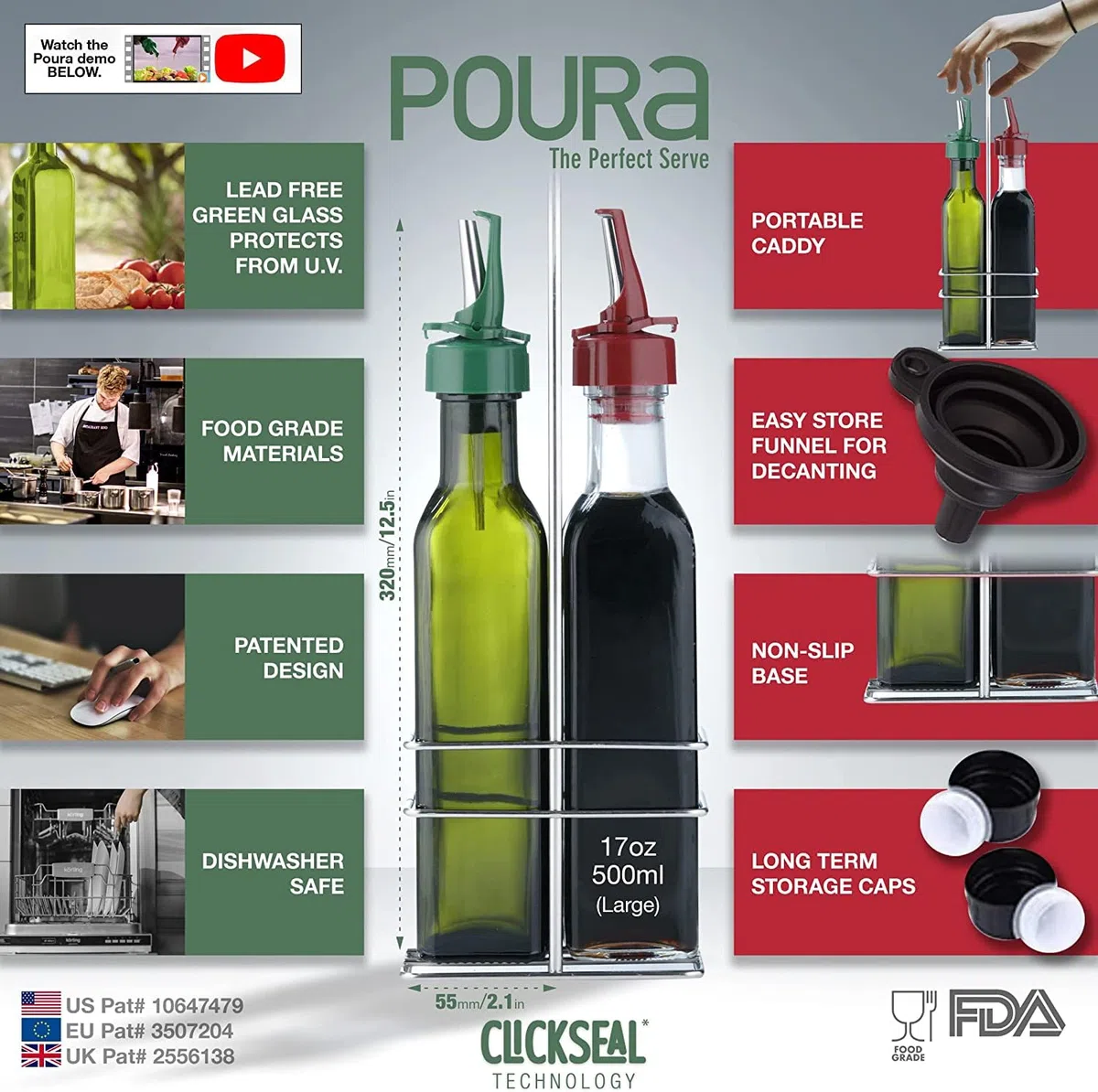 Poura Bottiglia olio d’oliva e aceto 500 ml – Con tappo salvagoccia ClickSeal in gomma naturale senza BPA – Set in vetro con imbuto in silicone – Accessorio da cucina