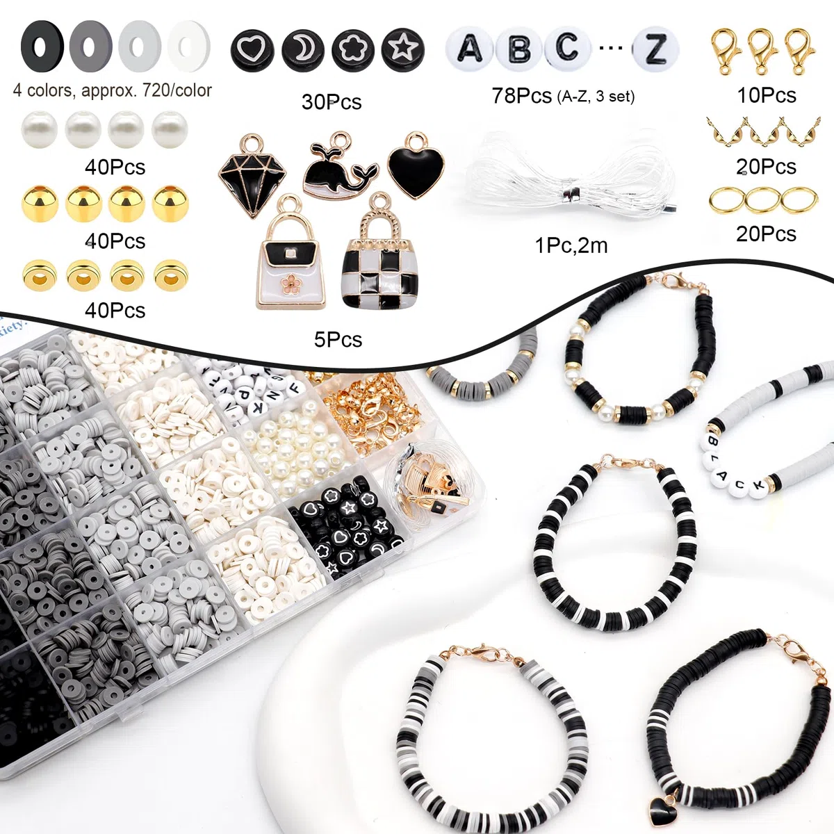 Dotilili 3164 Pezzi Nero Perline per Braccialetti, 6mm Perline Argilla per Collane, Piatte In Argilla Polimerica Fatte a Mano, Con Lettera Heishi Kit per Bigiotteria Fai da Te Charms