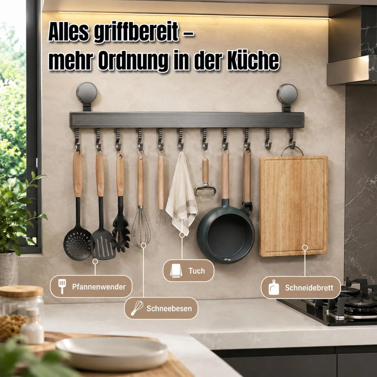 URMONA Porta Ganci Cucina Senza Forare con Ventosa, 8 Ganci-40 cm, fino a 20 kg, Barra Ganci Autoadesiva e Rimovibile, Antiruggine, Installazione Rapida per Utensili da Cucina