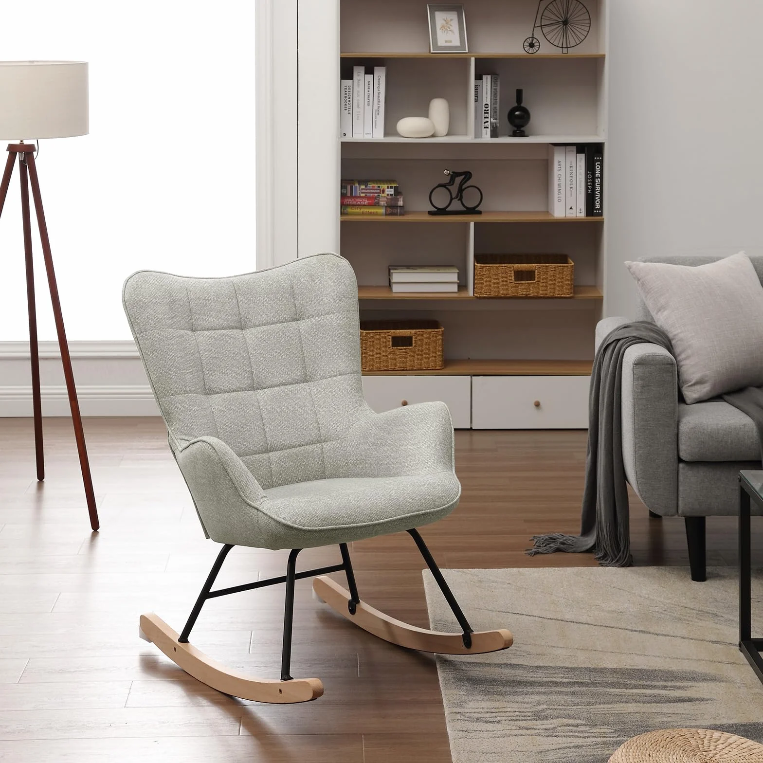 WOLTU Sedia a Dondolo da Interno, Poltrona Relax con Braccioli e Schienale Alto, Sedia Imbottita in Flanella Per Salotto, Camera da Letto, Base in Metallo e Legno Massello Grigio, 69x90x95cm, SKS30gr