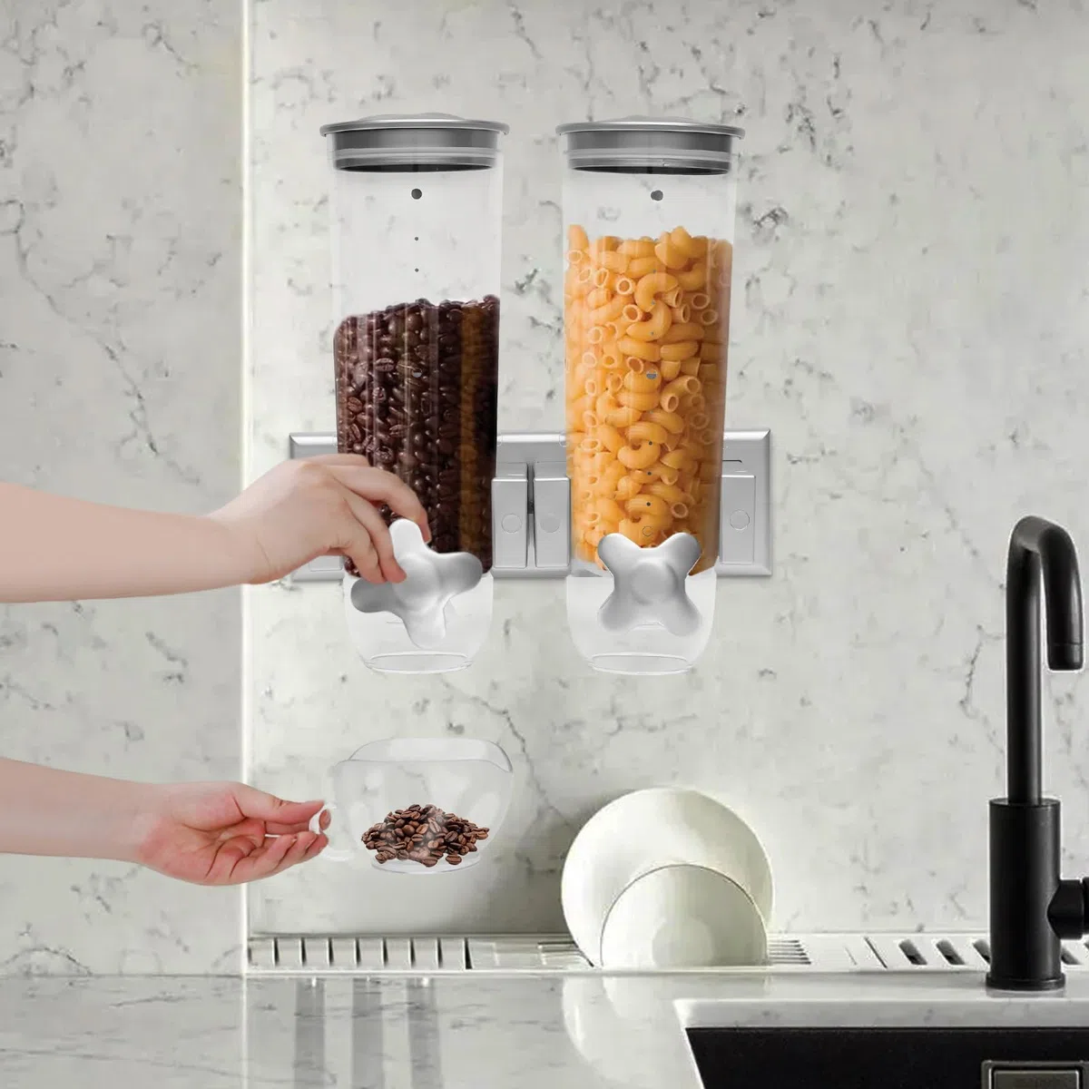 Dispenser per cereali, doppio montaggio a parete, 3 l, doppio contenitore, in plastica, per cereali, cereali e caramelle, 11,4 x 5,9 x 11,81 pollici, argento