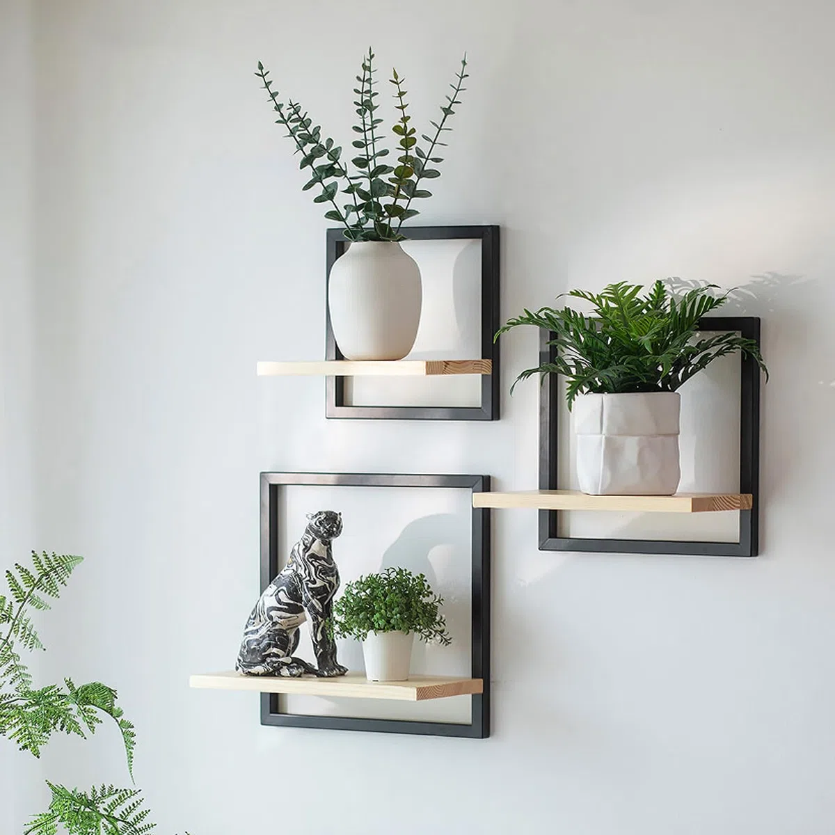 Mensola da parete nera in metallo per soggiorno: set da 3 ripiani quadrati da parete moderna, decorazione da parete, per camera da letto, bagno, angolo
