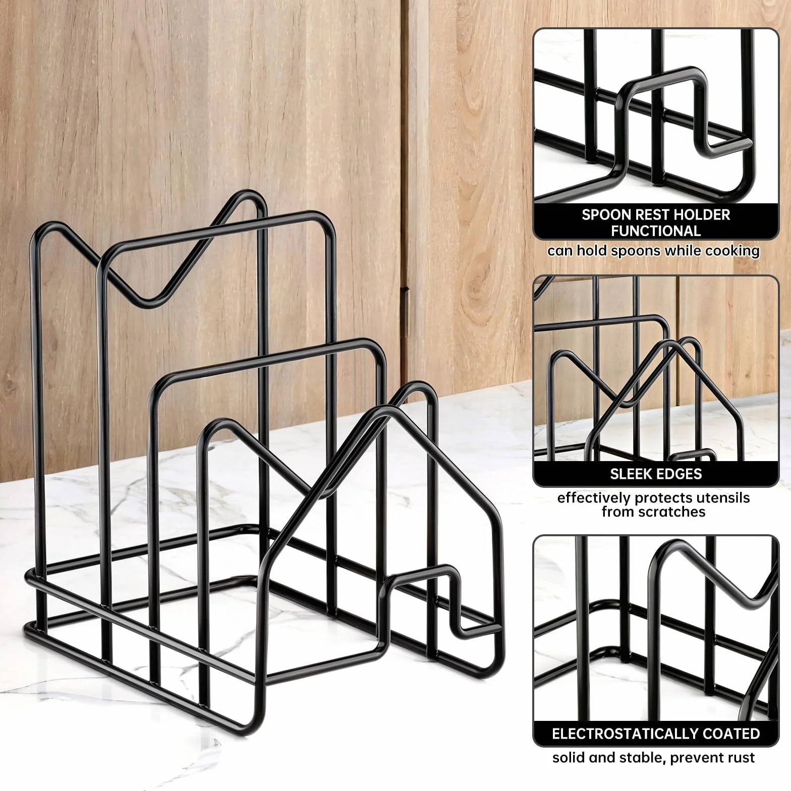 PAVSTINE Porta Taglieri da Cucina Con 4 Scomparti, Coperchi Pentole Salvaspazio per Conservare da 16-34 cm, Piatti da Interno Mobile, Pot Lid Holder, Nero