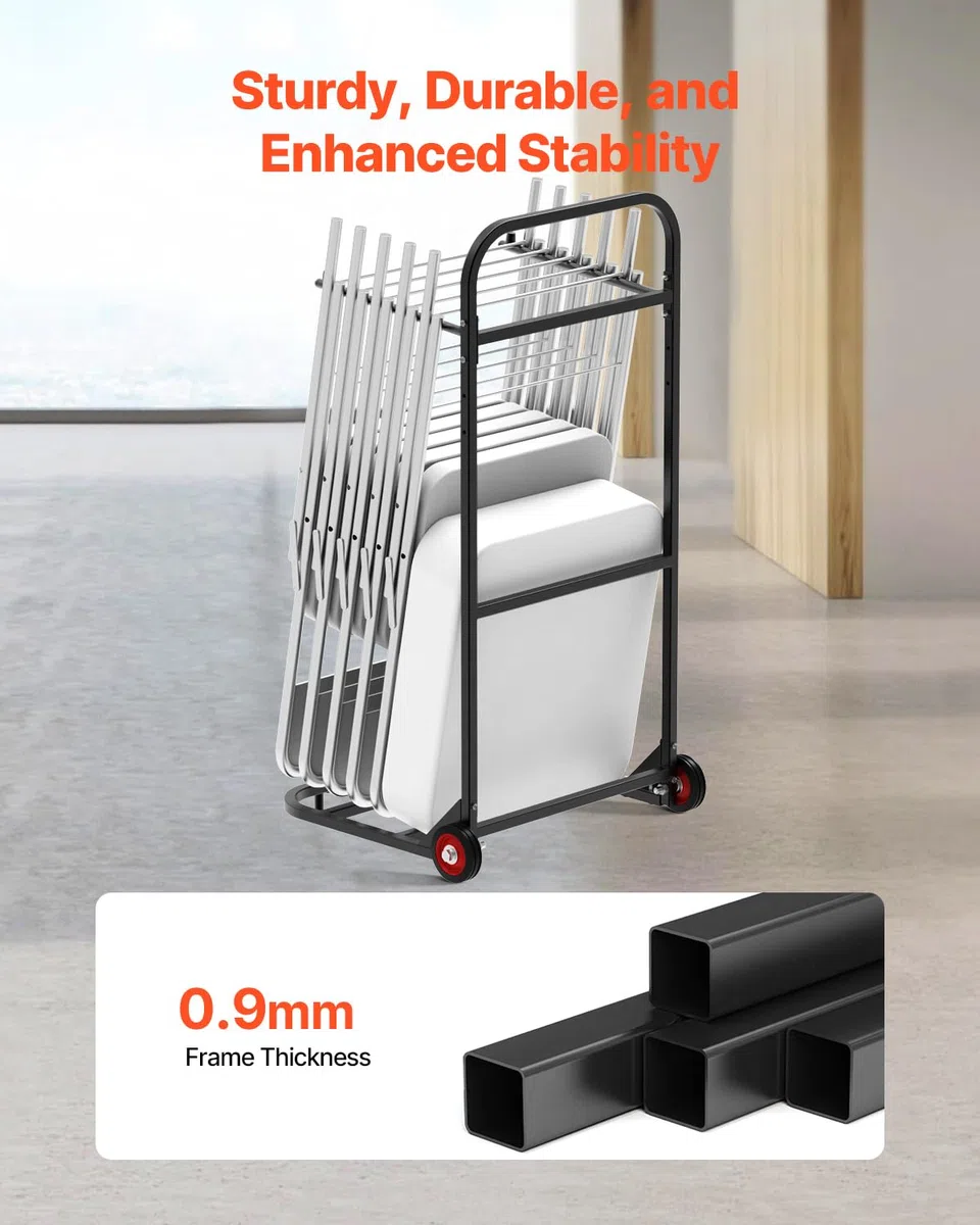 VEVOR Porta Sedie Pieghevole, Capacità 45 kg, Carrello per Sedie Resistente per Appendere 10 Sedie, Carrello Porta Sedie in Metallo Multifunzione con Ruote in Gomma, Supporto per Sedia a Spinta, Nero