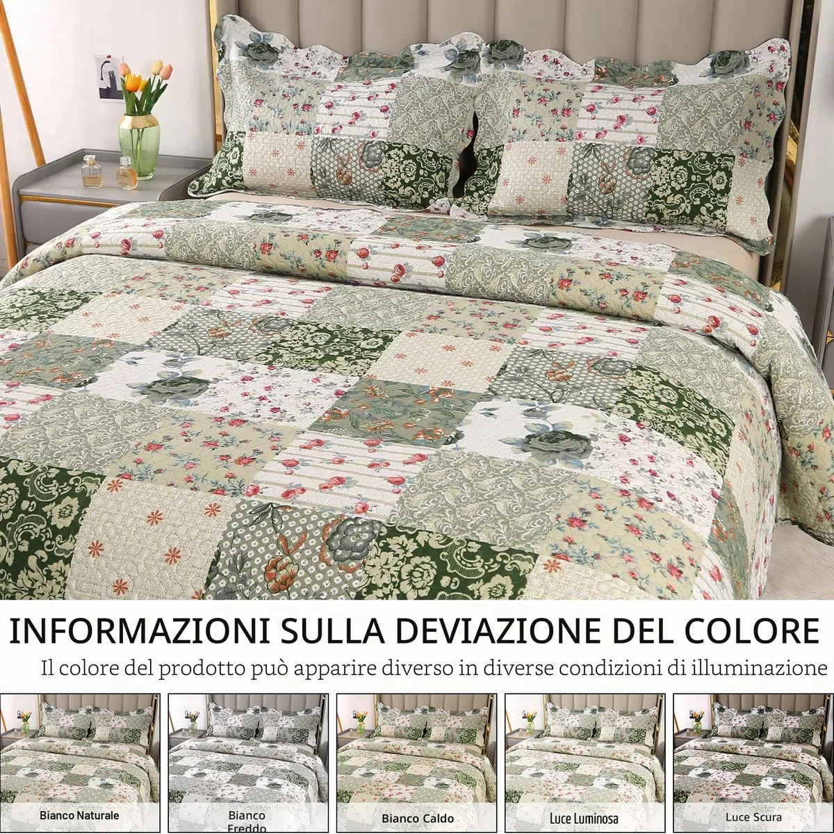 Qucover Copriletto Trapuntato Matrimoniale Patchwork, Copriletti Ultrasuoni in Poliestere Leggere, Trapunta Sottile Estivo Primaverile 230x260 cm con 2 Federe, Verde