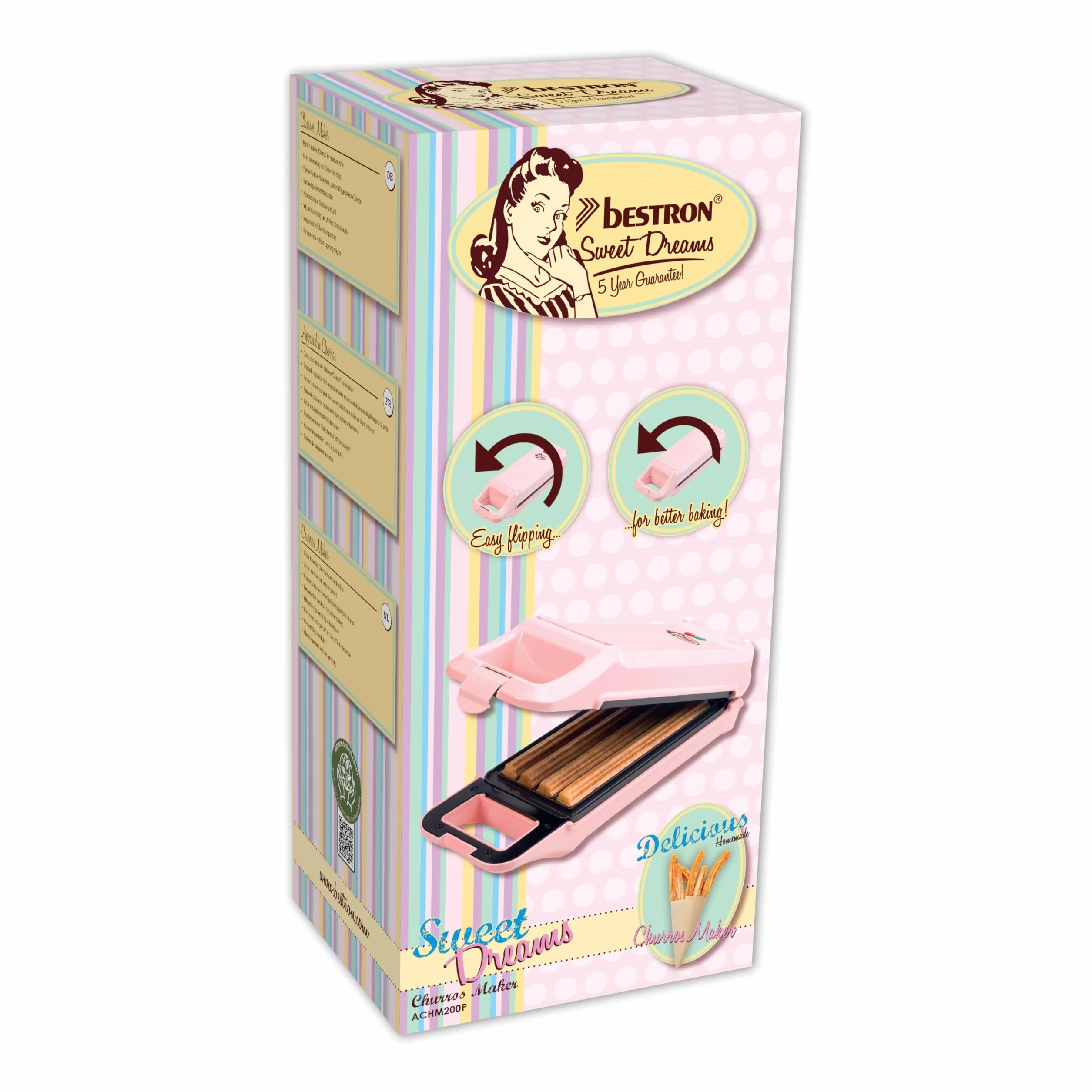 Bestron Churros Maker, piastra per waffle fino a 4 churros, macchina Churros, design Sweet Dreams, 700 Watt, colore: rosa