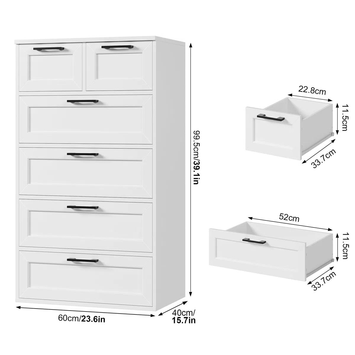 HOCSOK Cassettiera Bianca, Mobiletto con 6 Cassetti, Comò in Legno, Cassettiera Alta per Camera da Letto, Soggiorno, Corridoio, Moderna, 40 x 60 x 99,5 cm