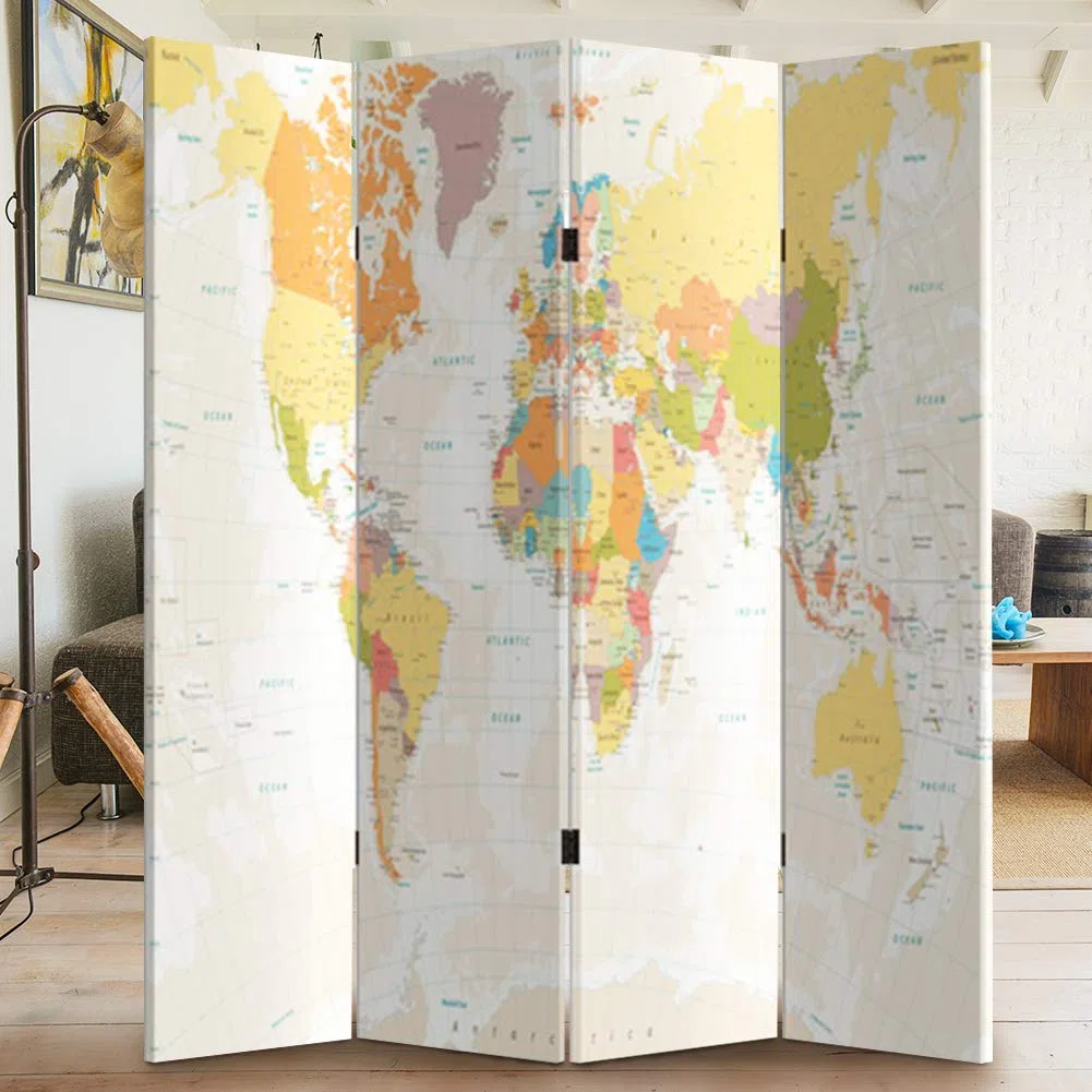Bakaji Paravento Separè Struttura in Legno Rivestimento in Tela Con Stampa Fronte Retro Mappamondo Divisorio Richiudibile Pieghevole (180 x 160 cm 4 Pannelli)