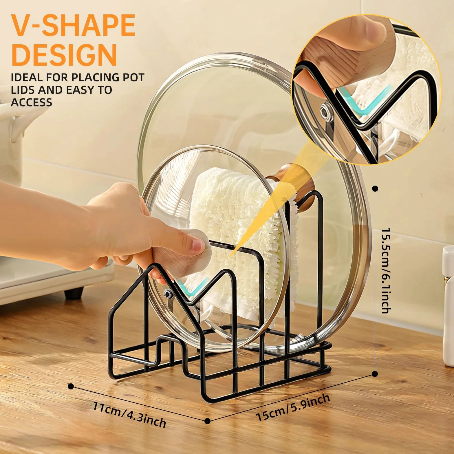 PAVSTINE Porta Taglieri da Cucina Con 4 Scomparti, Coperchi Pentole Salvaspazio per Conservare da 16-34 cm, Piatti da Interno Mobile, Pot Lid Holder, Nero