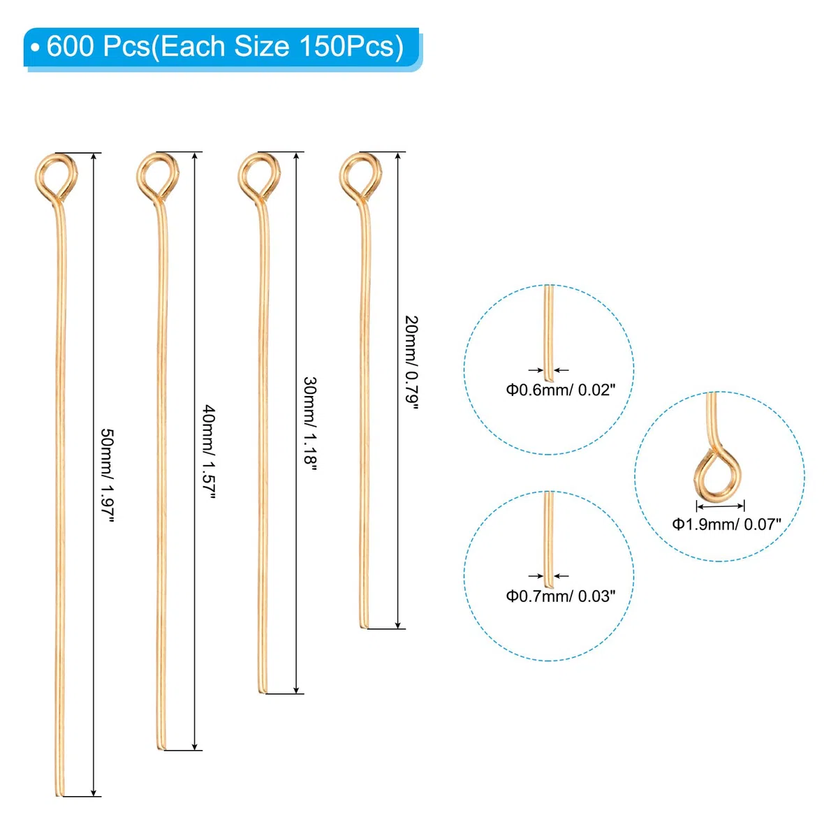 PATIKIL 20mm/30mm/40mm/50mm Chiodini Occhiello Aperti, 600pz Spilli Testa in Metallo Aghi Occhielli Spilli Dritti Pin per Creazione Gioielli Orecchini Collane Bracciali, Oro Chiaro