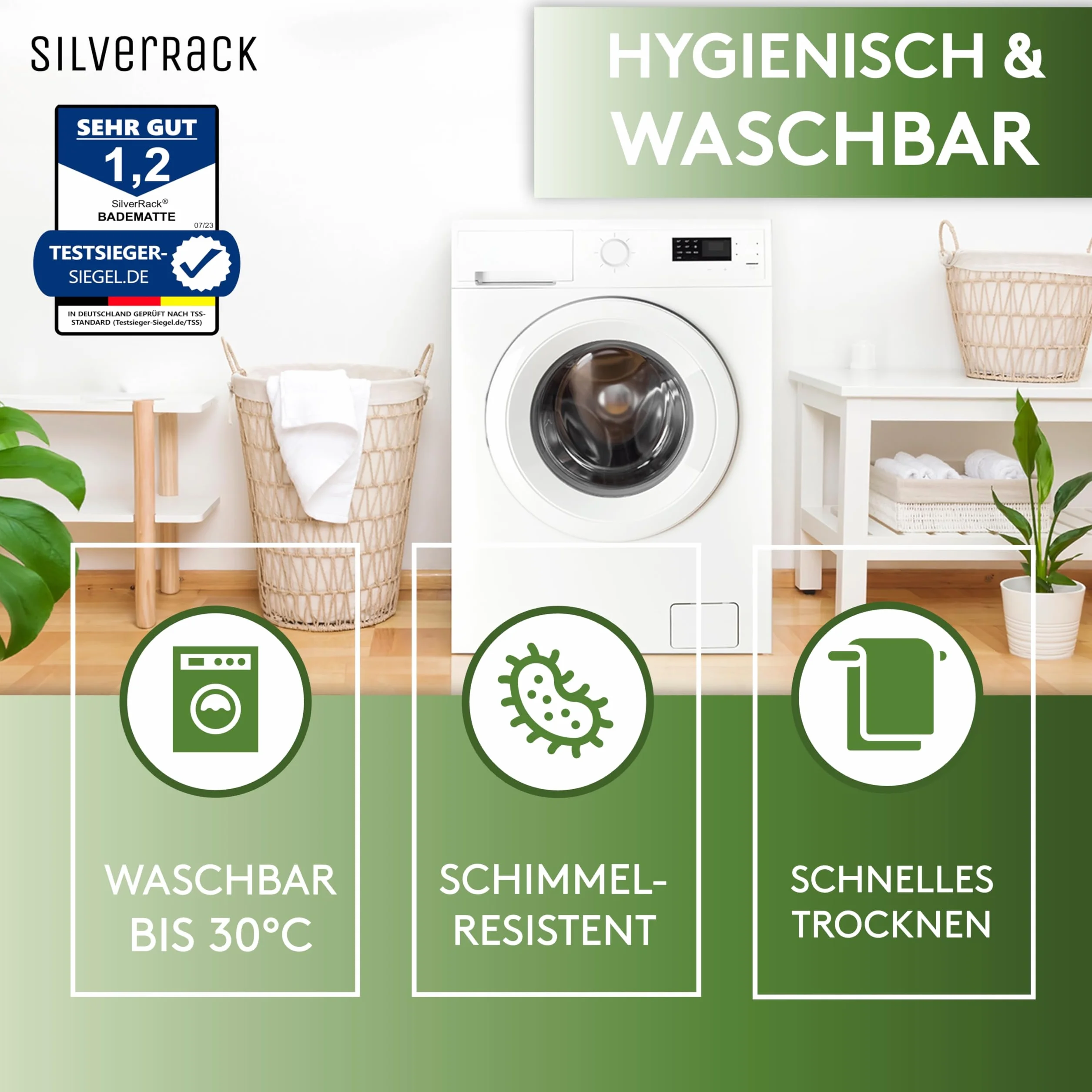 SilverRack Tappetino da bagno 69 x 36 cm (bianco effetto pietra), antiscivolo, vasca da bagno, senza BPA, resistente alla muffa e lavabile in lavatrice, tappetino da bagno antiscivolo