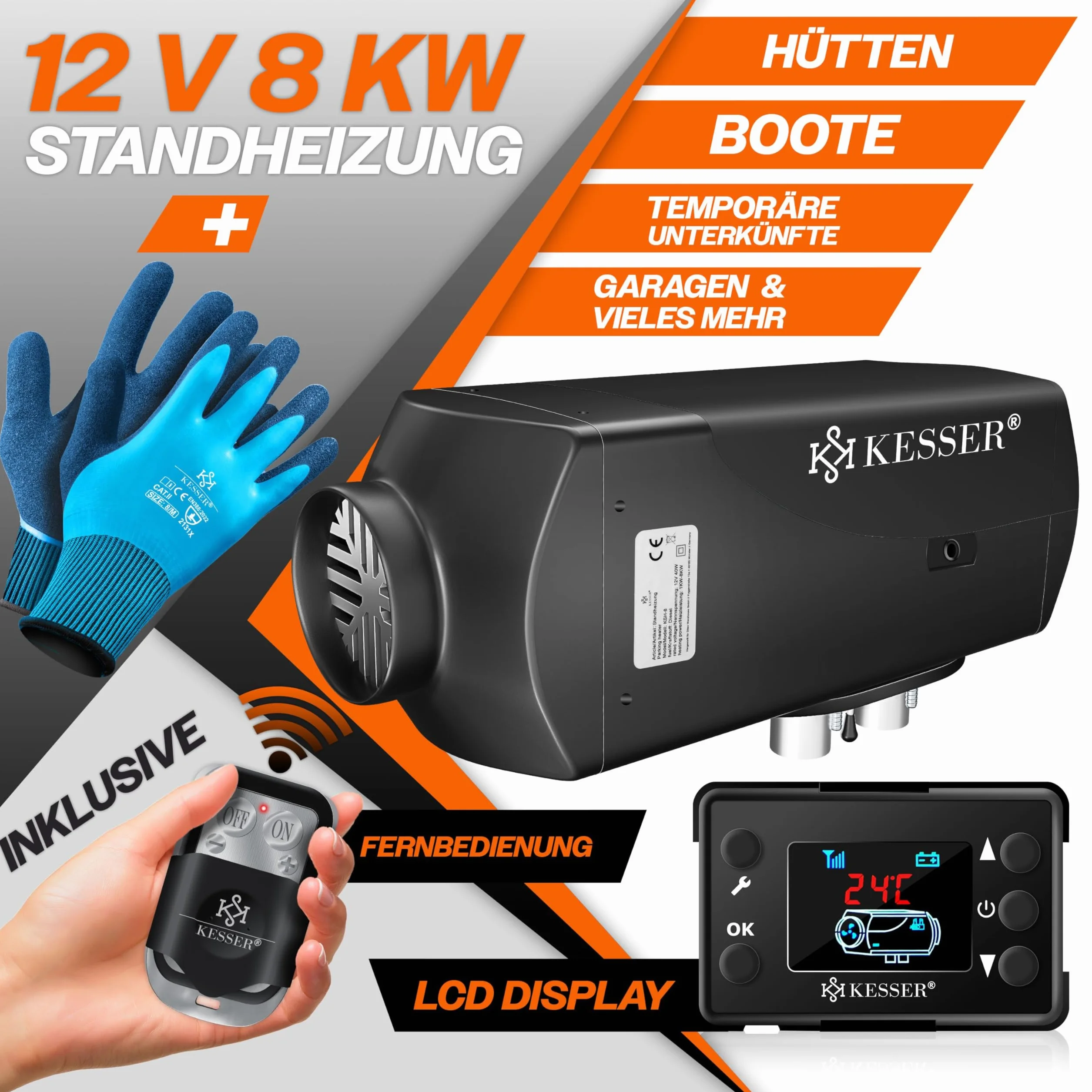 KESSER® Riscaldatore Diesel 8kW Riscaldamento Diesel 12V/24V con Timer, Display LCD e Telecomando | Riscaldamento Rapido | Riscaldatore d'Aria con Silenziatore e Termostato (Nero, 8KW)