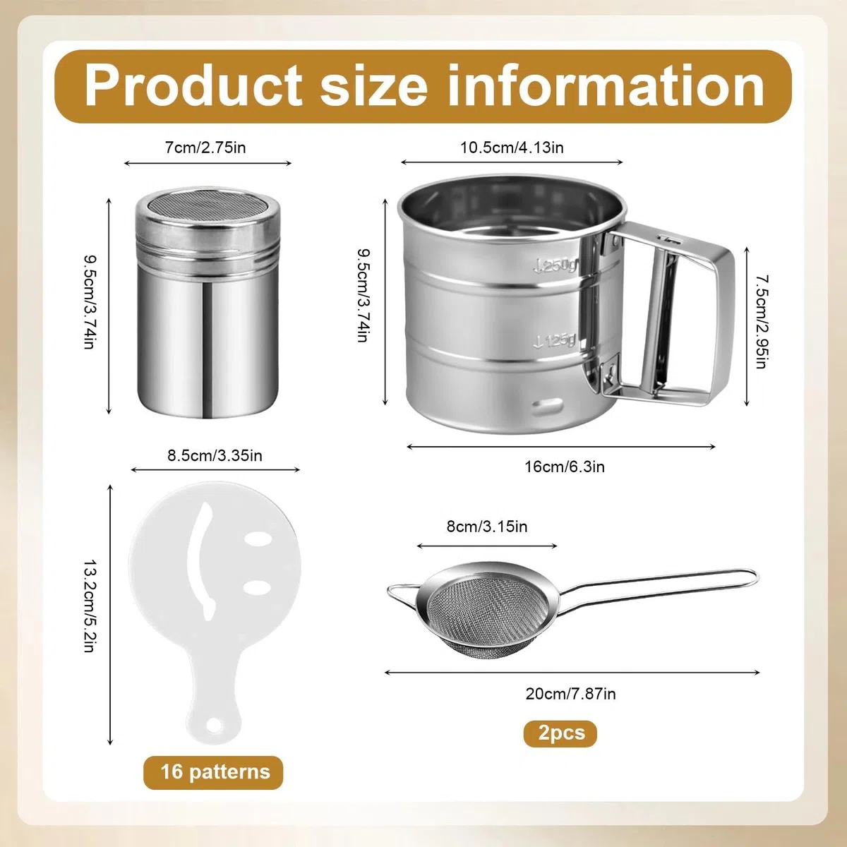 Set di 5 Setaccio Farina in Acciaio Inox Spargi Zucchero a Velo a Una Mano Colino Cucina con Coperchio con 16 Coffee Stencils Setaccio per Farina per Cacao, Spezie, Zucchero, Cioccolato