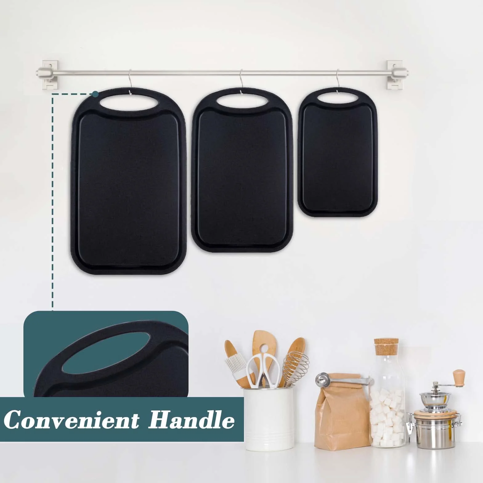 Tagliere da cucina, Hunnycook Set di 3 Tagliere con scanalature per il succo e manici antiscivolo, senza BPA, lavabili in lavastoviglie (nero)