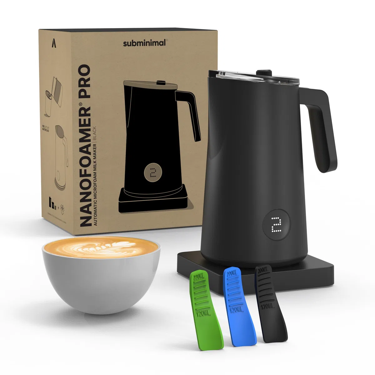 Subminimal NanoFoamer PRO, Frullino Montalatte Elettrico Senza Maniglie, Schiuma Latte Professionale per Latte Art, 3 Flussometri Inclusi, Compatibile con Tutti i Latti, Nero