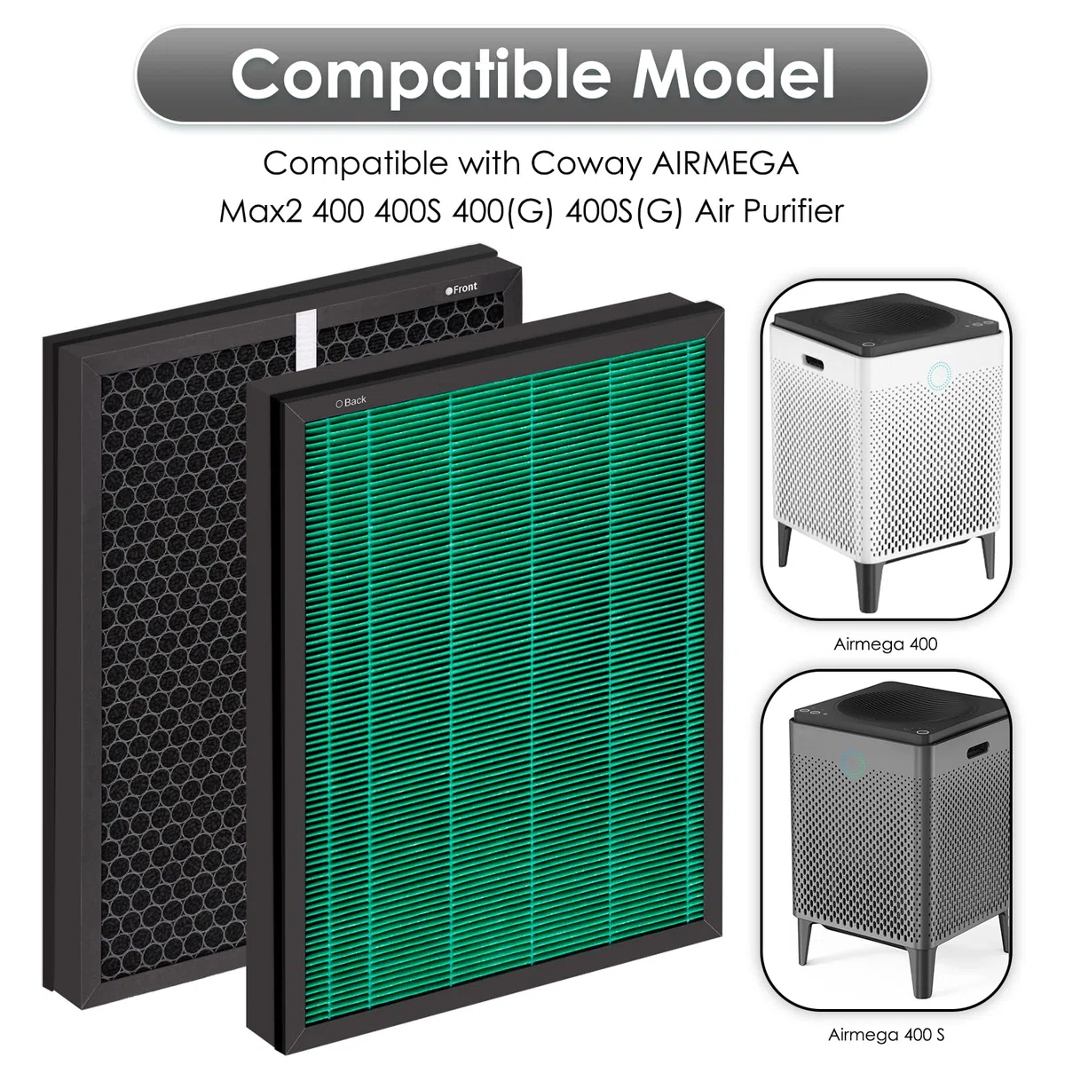 (4 pezzi) Airmega 400 filtri di ricambio per purificatore d'aria Coway Airmega 400, Max2 400 400S 400 (G) 400S (G), Max2 Green True HEPA e filtri ai carboni attivi, AP-2015-FP, 2 set, parte # 3111735