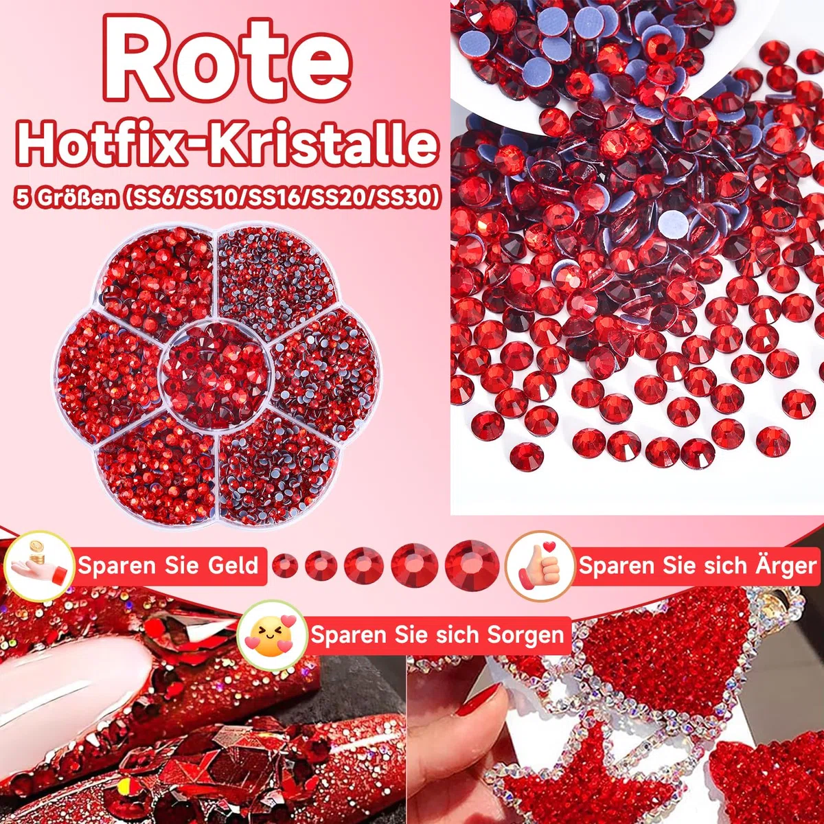 Hotfix - 5000 strass rossi, 21 colori, 5 misure, 2 mm, 3 mm, 4 mm, 4,8 mm, strass rotondi per vestiti, scarpe e artigianato fai da te (rosso)