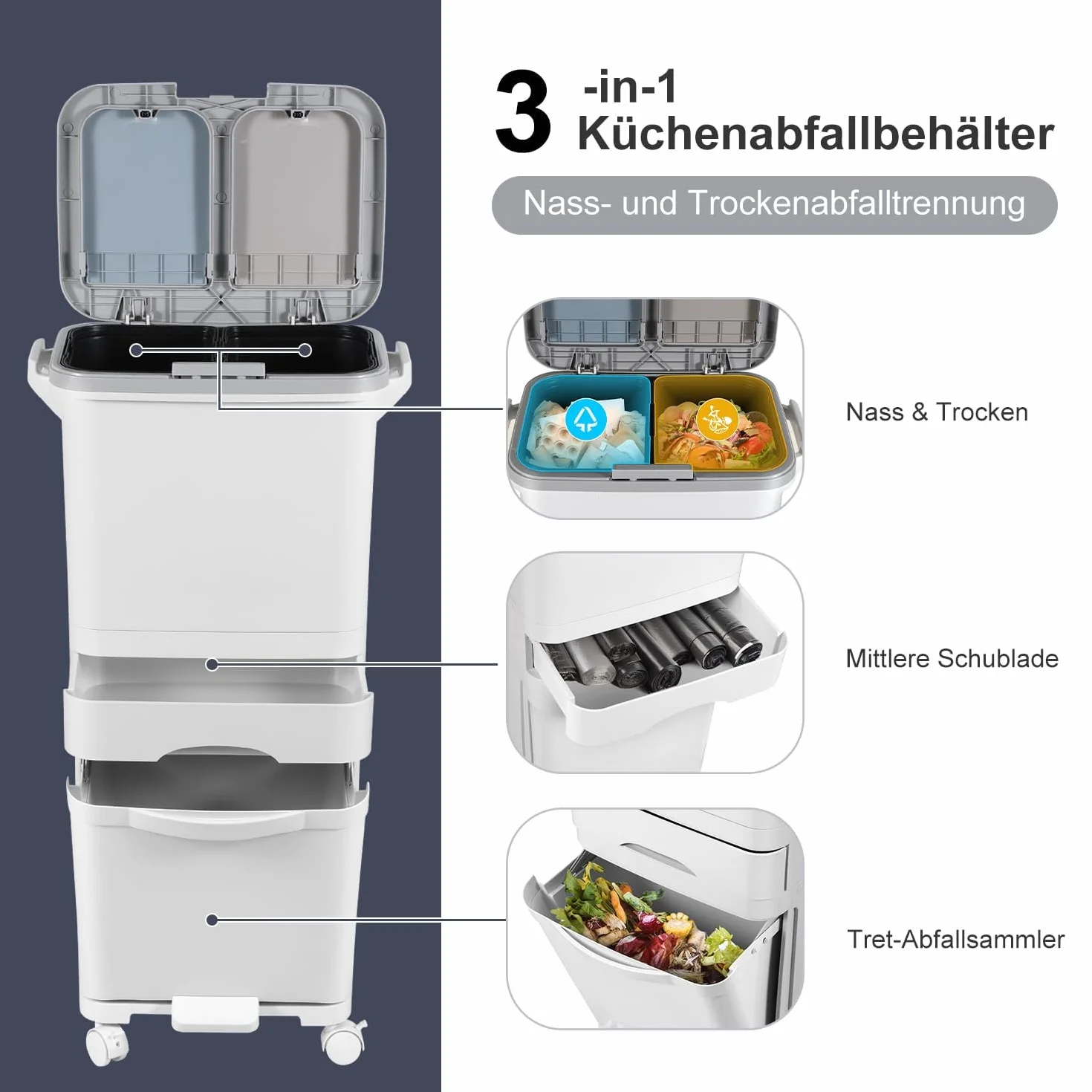 Pattumiera da cucina a 3 scomparti, 42 l, per separare il naso, da cucina con coperchio, pattumiera a pedale con coperchio su ruote, per cucina, appartamento, ufficio, bianco