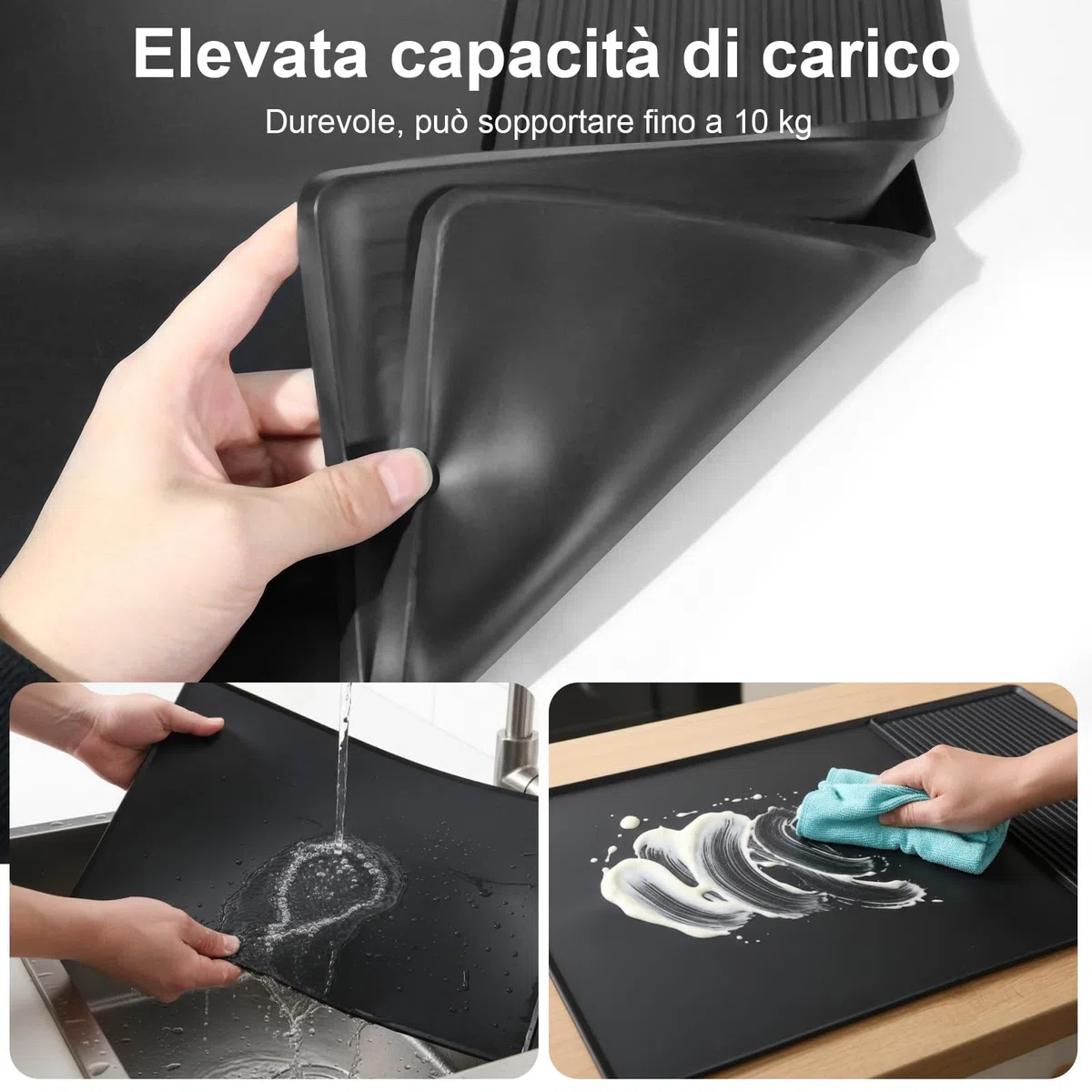 2 Pezzi Tappetino Cucina in Silicone | Tappetino Macchina da Caffè + Scolapiatti, 60x40cm Nero Assorbente, Accessori Cucina Pratici per Angolo Caffè