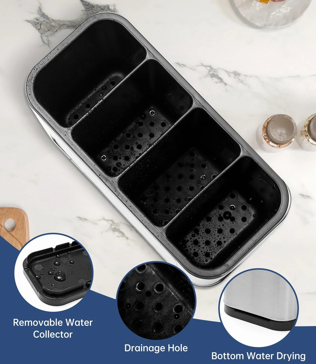 Portaposate Scolaposate, Porta Utensili Multifunzionale da Cucina, Organizzatore di posate in acciaio inox con 4 Scomparti e Scarichi per Riporre Bacchette, Forchette, Coltelli, Cucchiai, Ecc